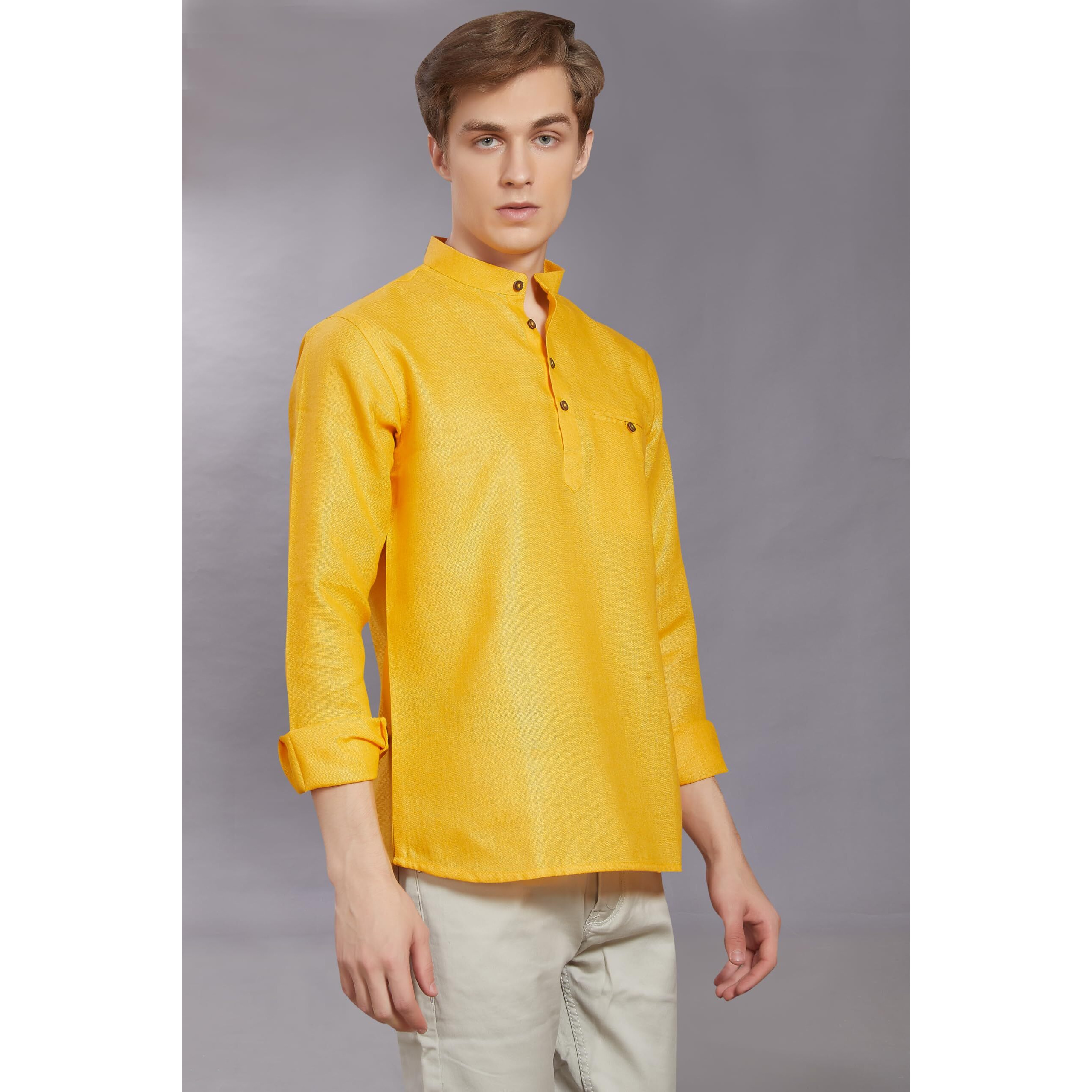 Divisive Men's Pure Cotton Linen Full Sleeves Ethnic Casual Relaxed Fit Short Kurta/Shirt (Dkrt505_Xxl_Yellow)