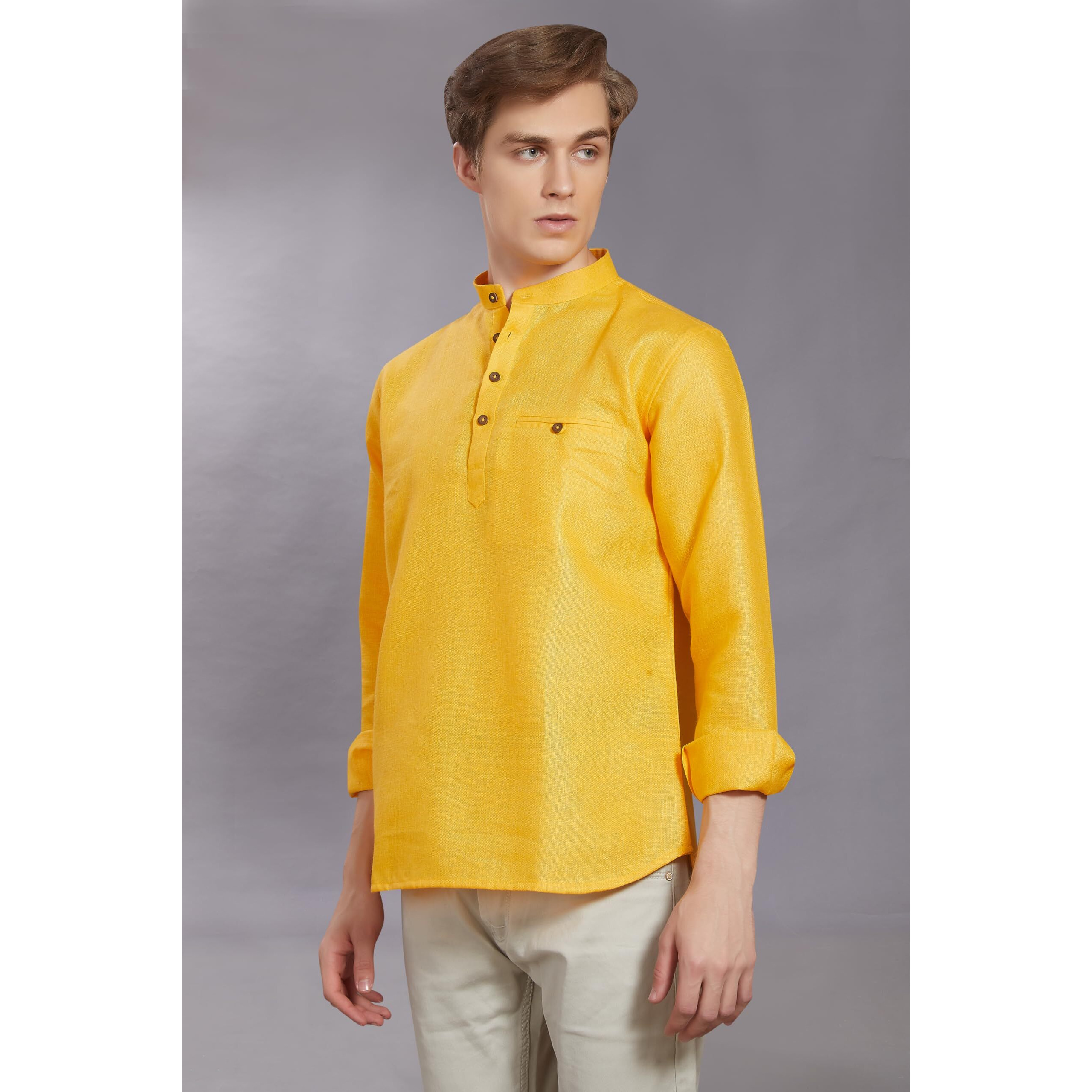 Divisive Men's Pure Cotton Linen Full Sleeves Ethnic Casual Relaxed Fit Short Kurta/Shirt (Dkrt505_Xxl_Yellow)