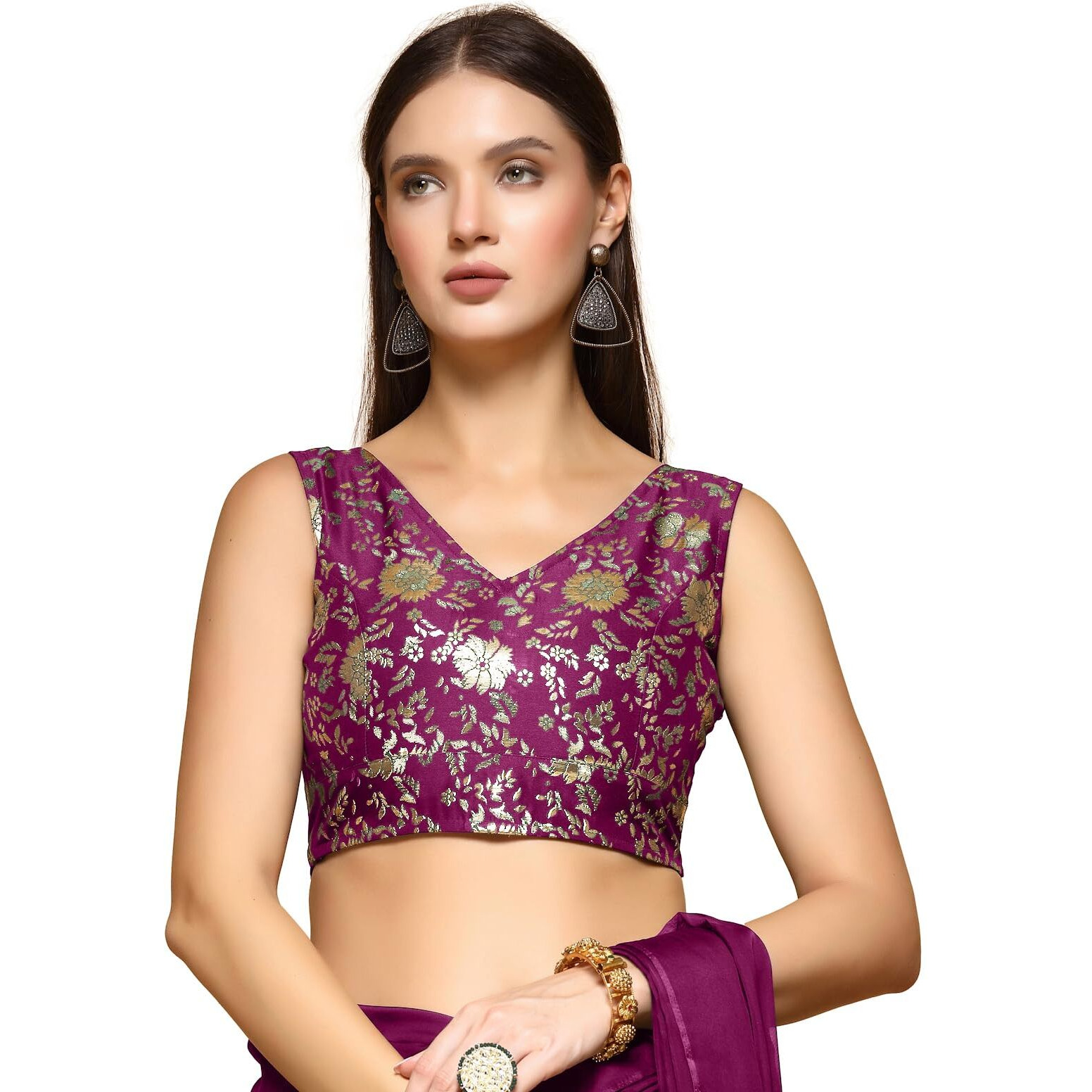Oomph Readymade Blouse For Women, Brocade, Sleeveless, V-Neck, Rbbl703