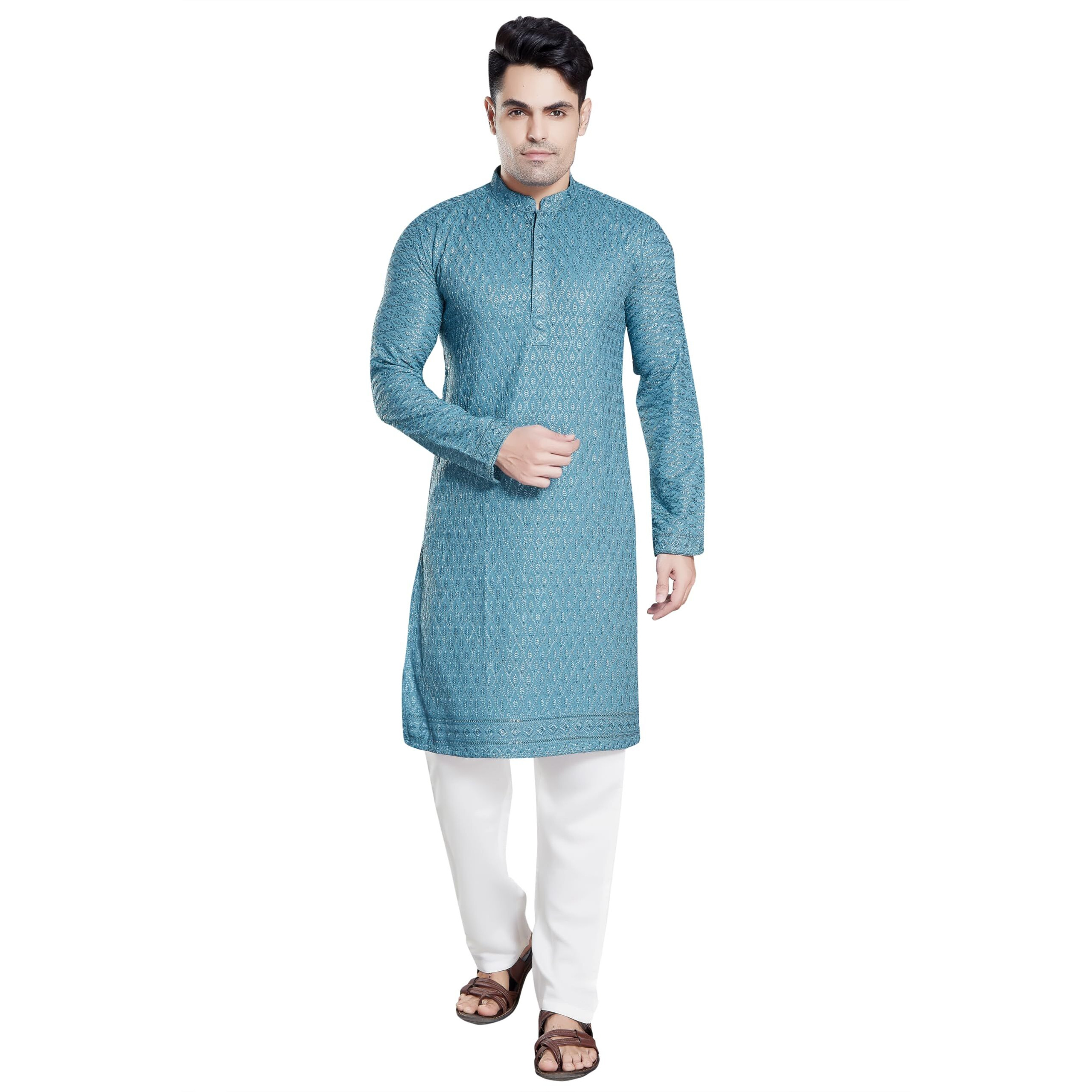 Divisive Men's Sequince Embroidered Cotton Blend Only Slim Fit Kurta (Dkrt117_S_Sky Blue)