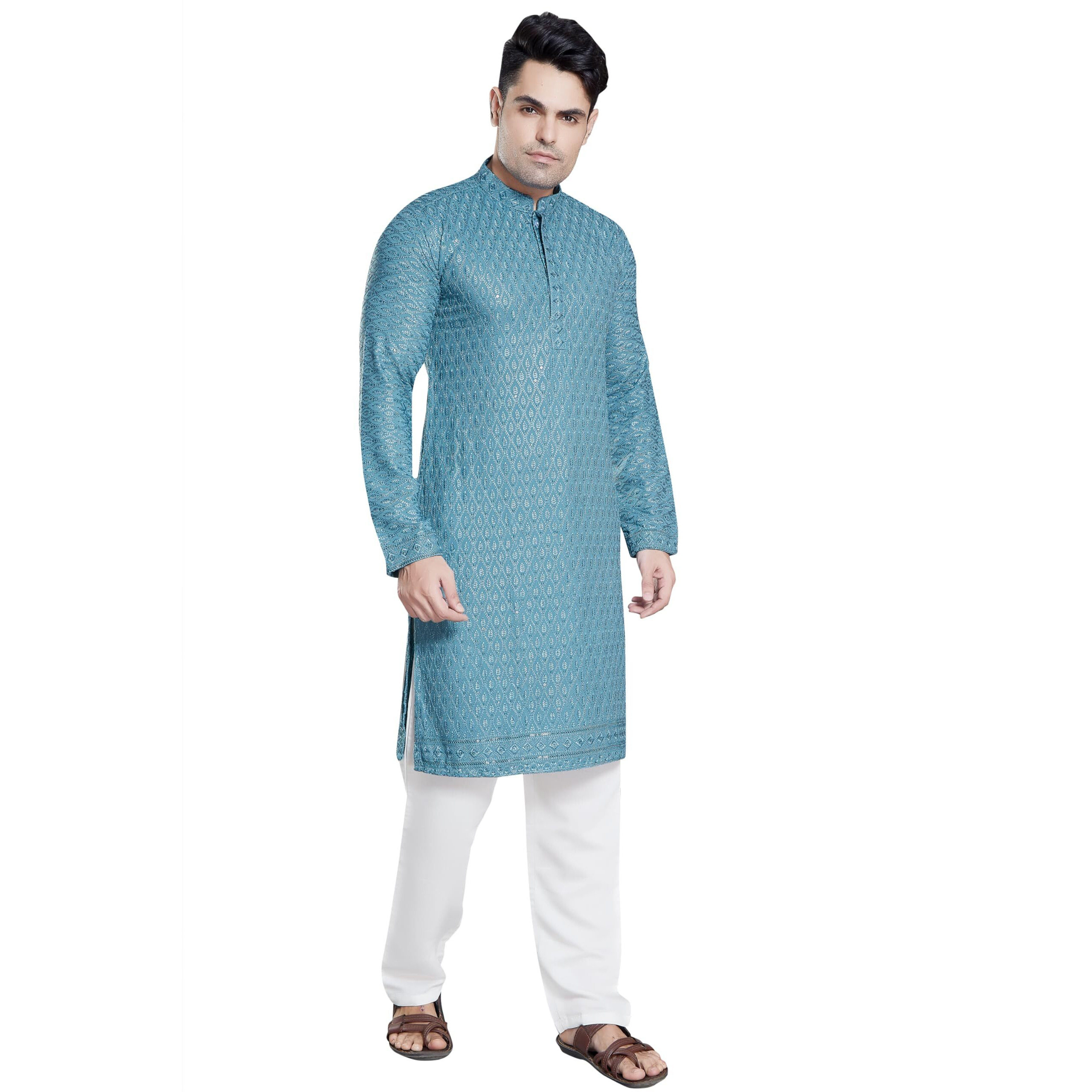 Divisive Men's Sequince Embroidered Cotton Blend Only Slim Fit Kurta (Dkrt117_S_Sky Blue)