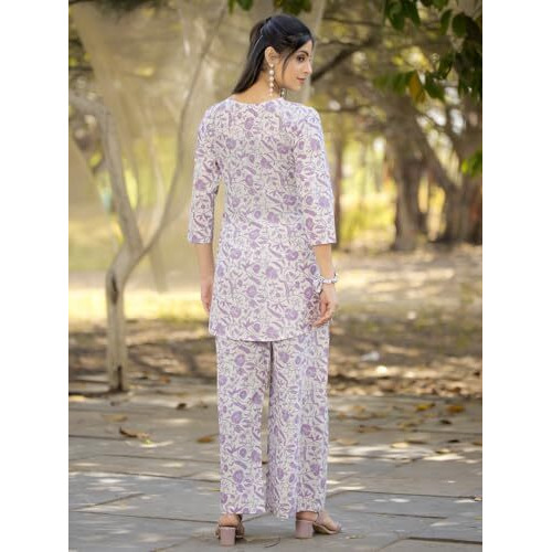 Pinkmint Pure Cotton Co Ord Set For Women L Flower & Leaf Pattern Set L 3/4 Sleeve Co Ord Set