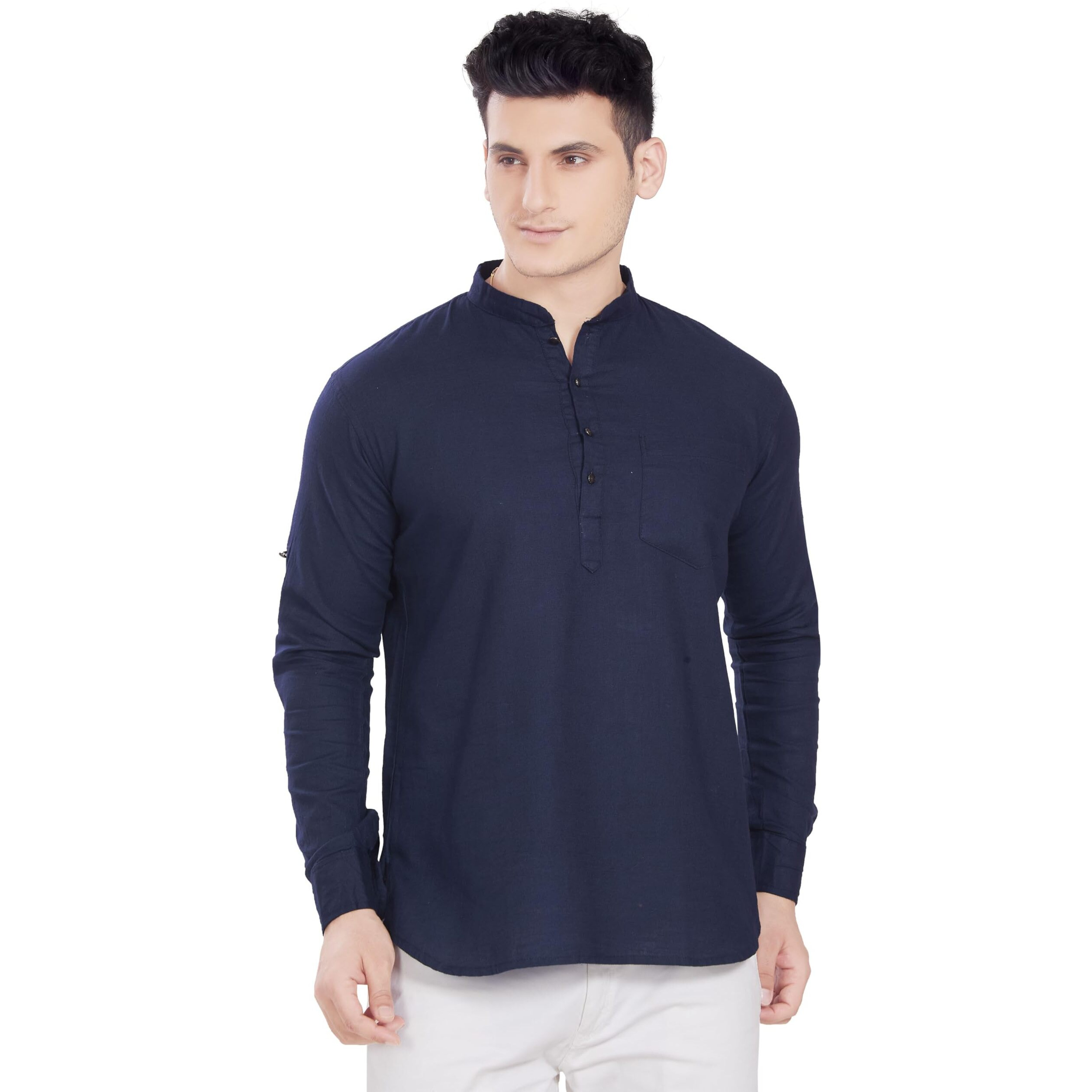 Divisive Men's Pure Cotton Relaxed Fit Short Kurta (Dkrt261_M_Navy Blue)
