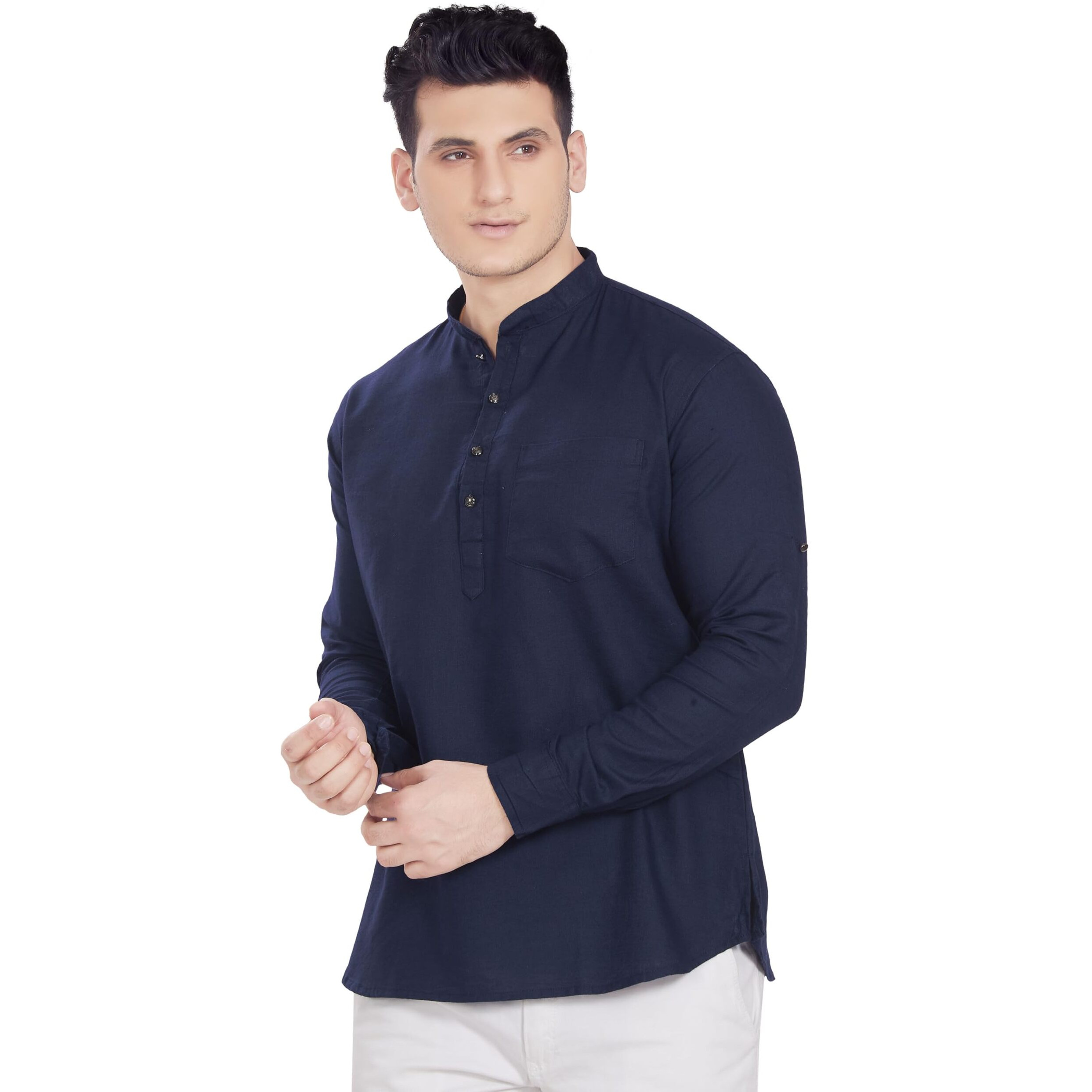 Divisive Men's Pure Cotton Relaxed Fit Short Kurta (Dkrt261_M_Navy Blue)