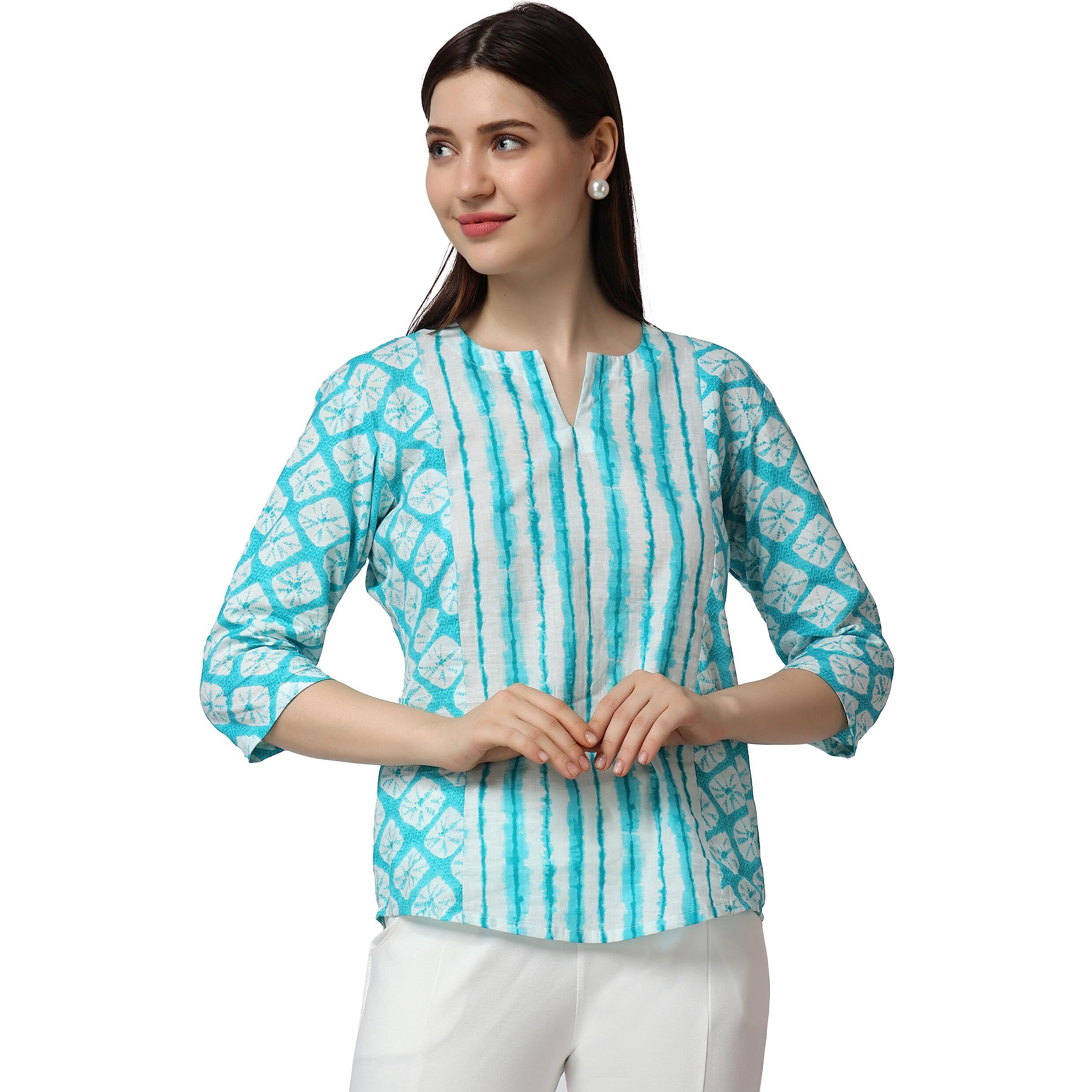 Popwings Cotton Geometric Regular Kurti (Women Printed Short Kurta_Sky Blue & White