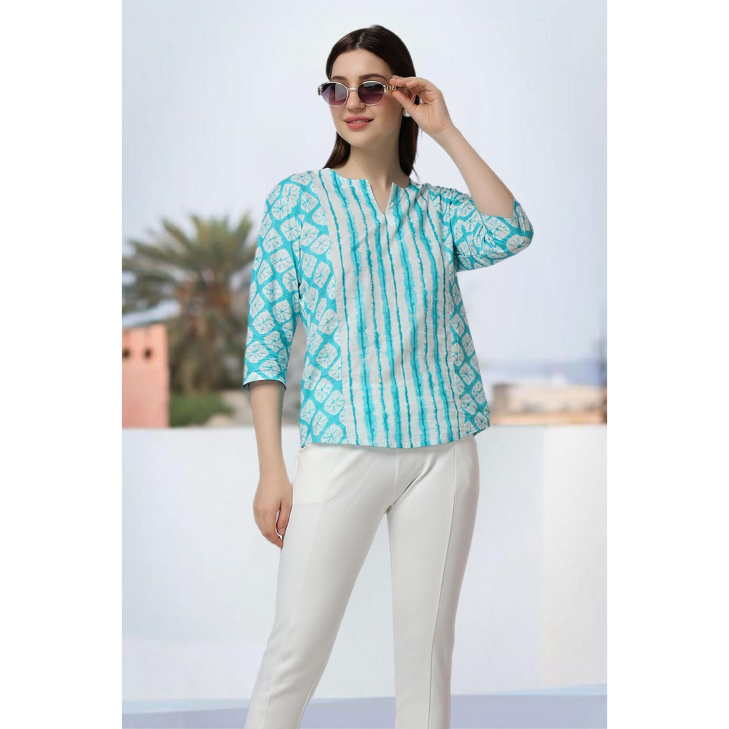 Popwings Cotton Geometric Regular Kurti (Women Printed Short Kurta_Sky Blue & White