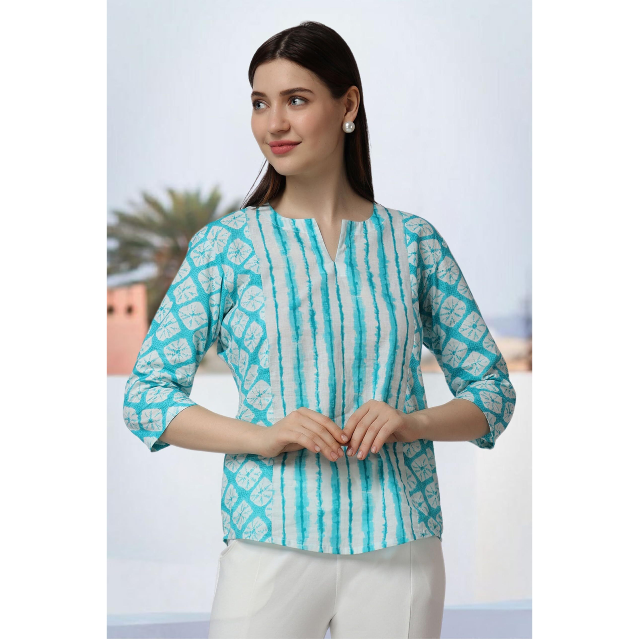 Popwings Cotton Geometric Regular Kurti (Women Printed Short Kurta_Sky Blue & White