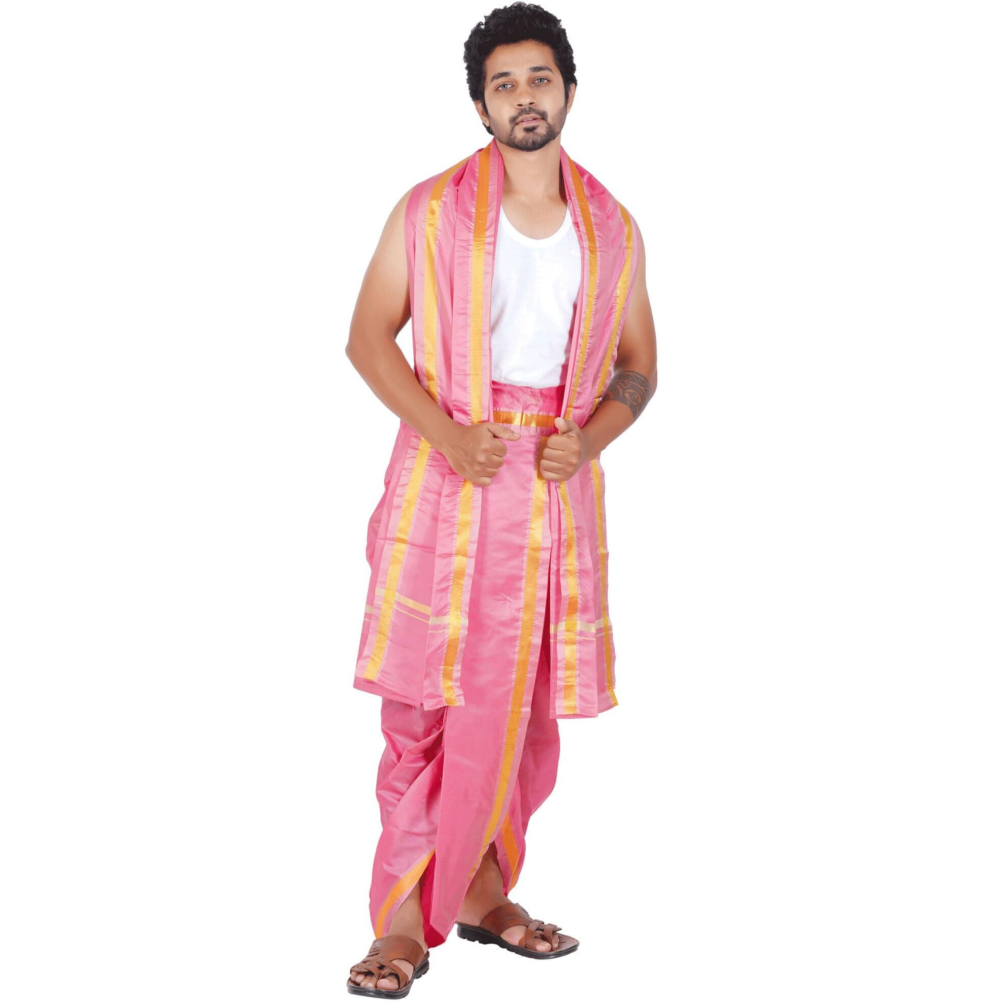 Prakasam Cotton- Asha Pattu (Art Silk) 9X5 Pink Colour Panchakacham (Dhoti & Angavastram) Set