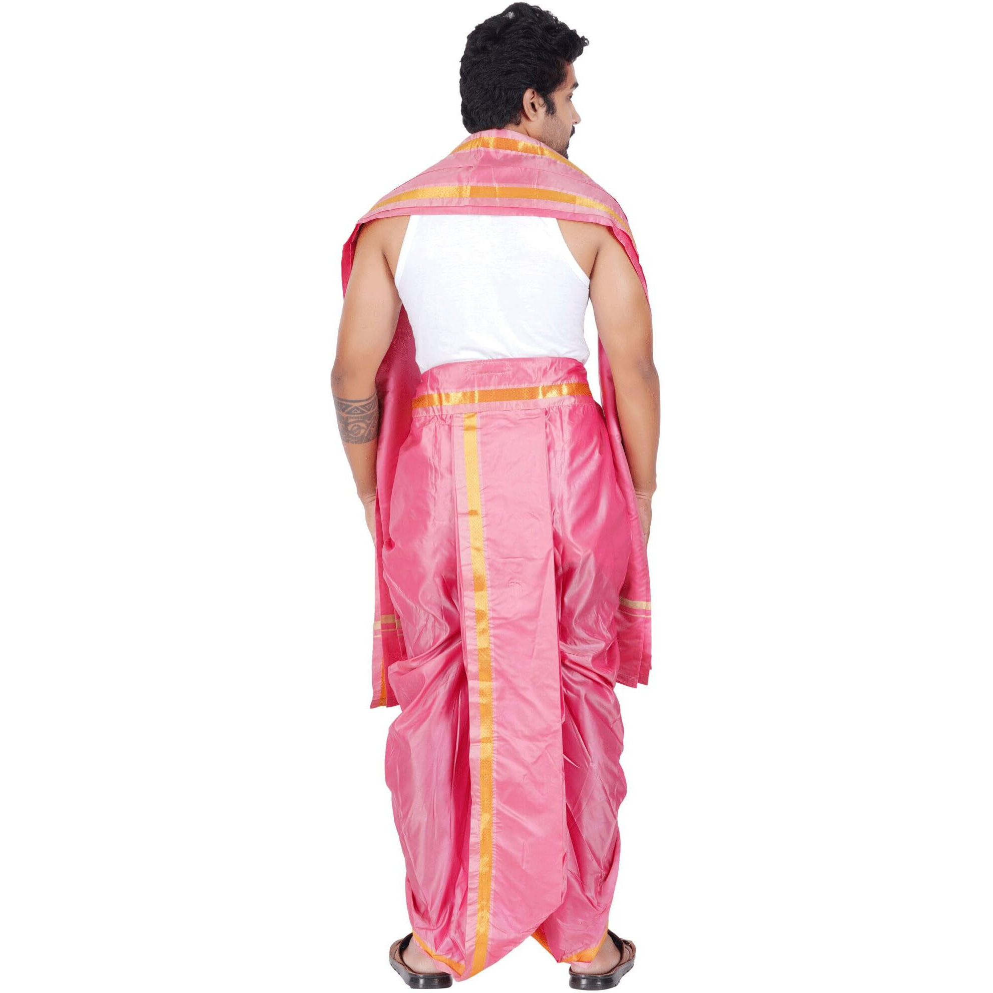 Prakasam Cotton- Asha Pattu (Art Silk) 9X5 Pink Colour Panchakacham (Dhoti & Angavastram) Set