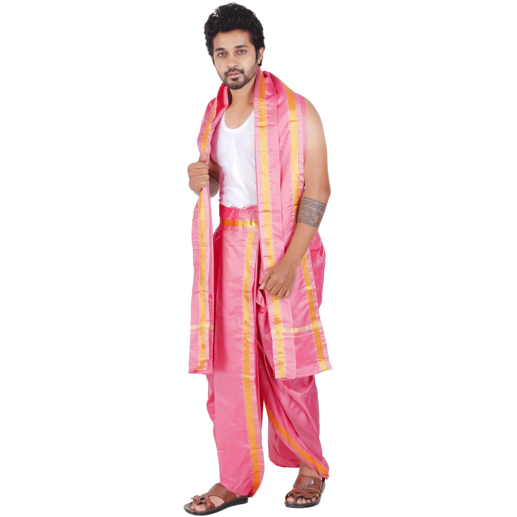 Prakasam Cotton- Asha Pattu (Art Silk) 9X5 Pink Colour Panchakacham (Dhoti & Angavastram) Set