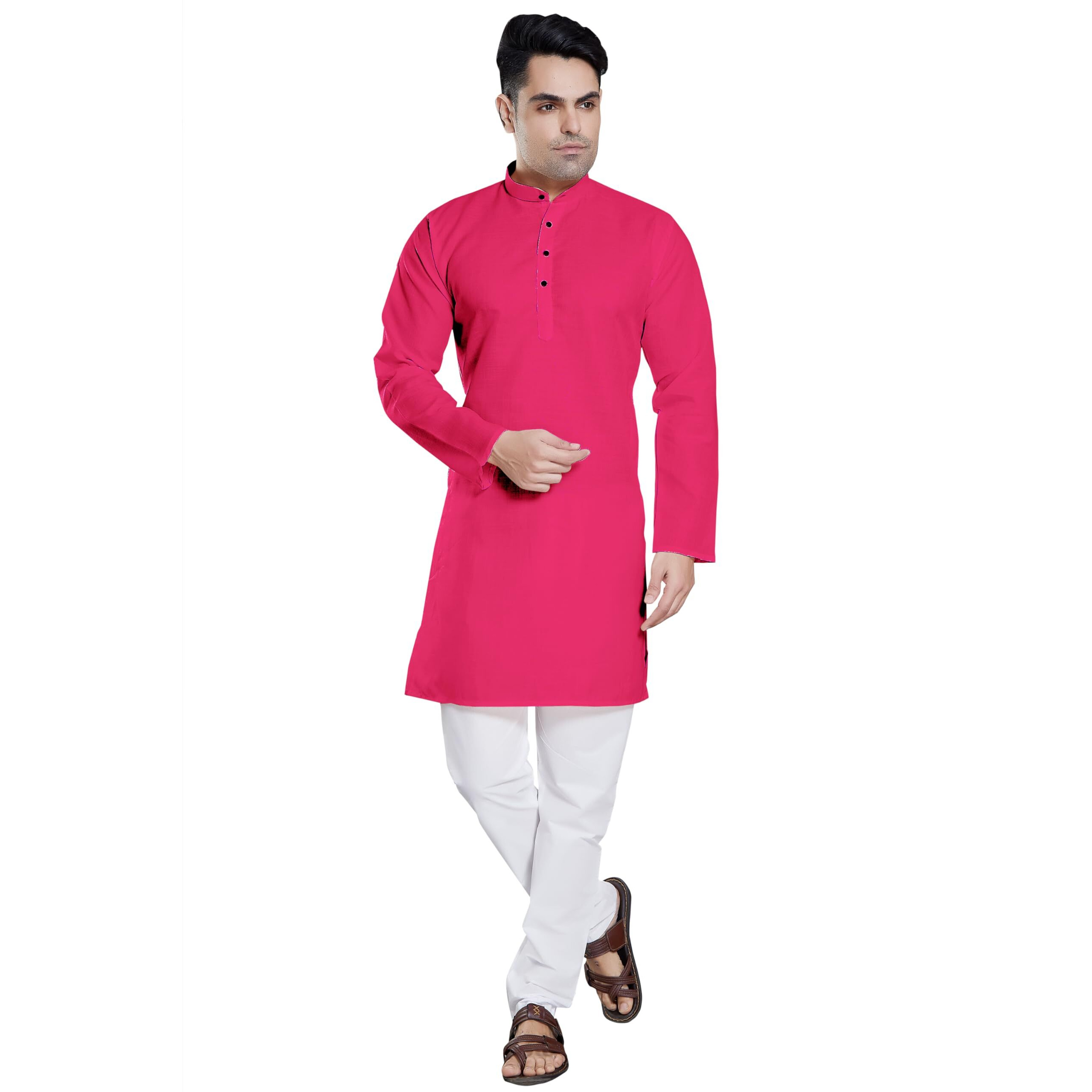 Divisive Men's Plain Cotton Blend Linen Slim Fit Kurta Pyjama Set (Dkrt57_S_Rani)