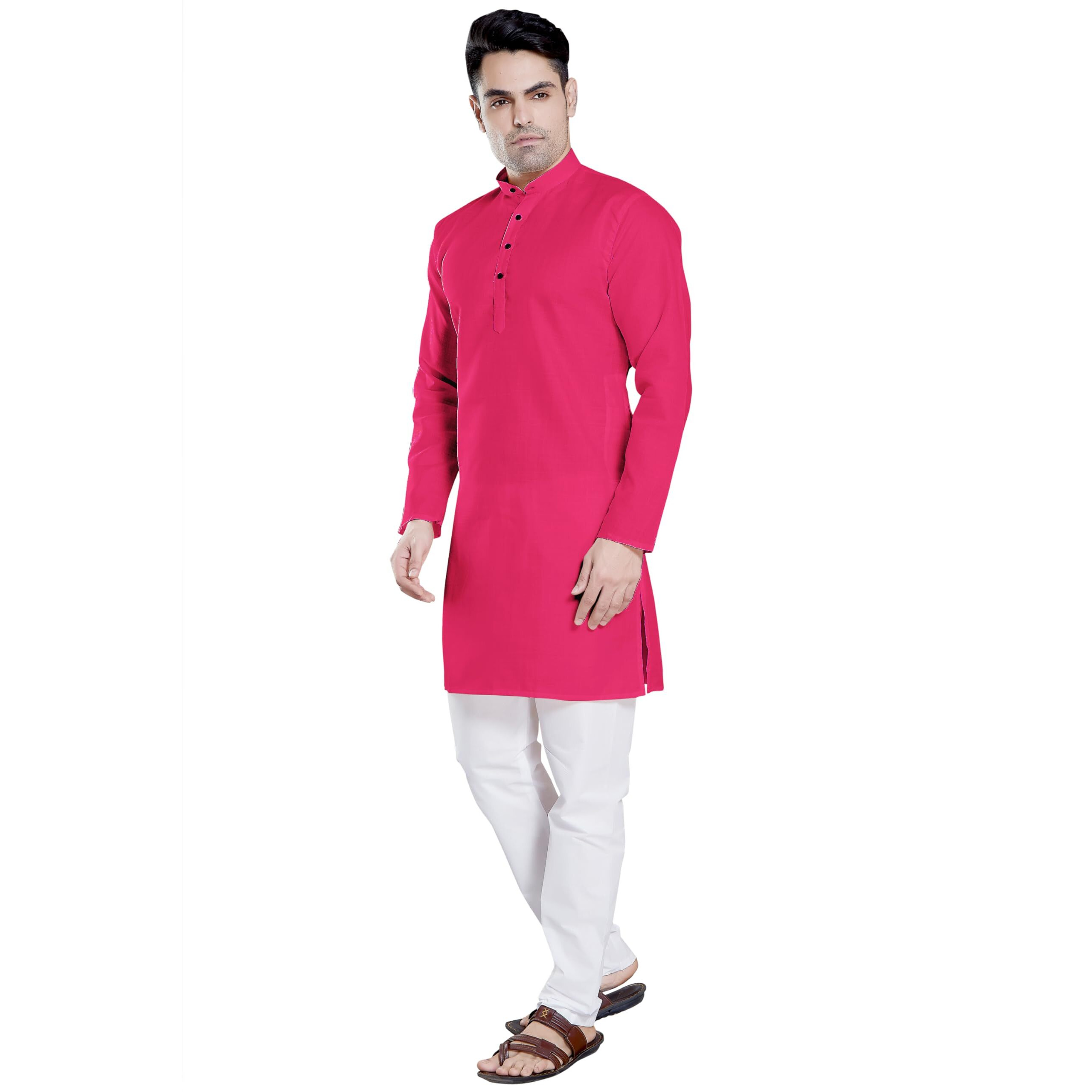 Divisive Men's Plain Cotton Blend Linen Slim Fit Kurta Pyjama Set (Dkrt57_S_Rani)