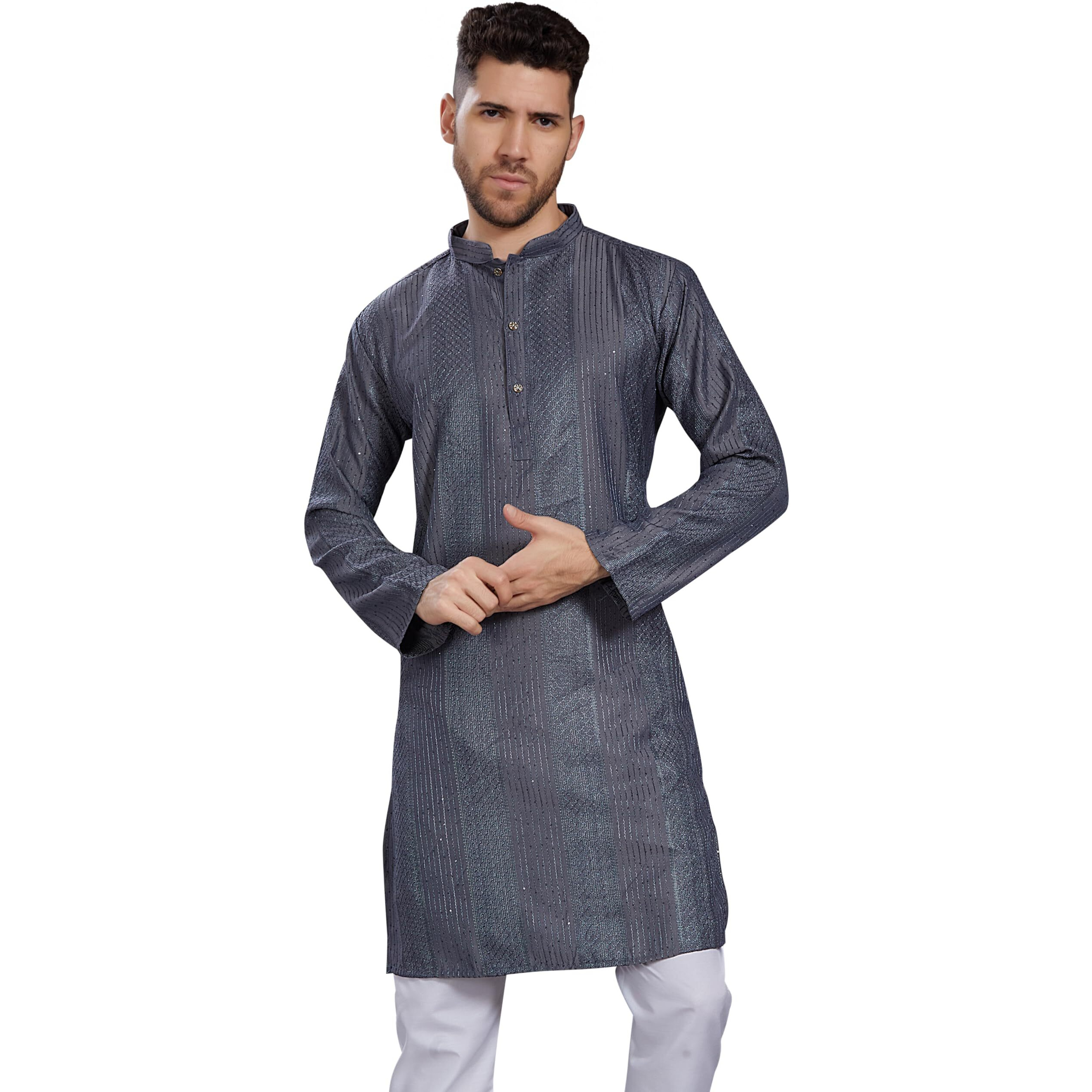 Divisive Men's Thread Embroidered Cotton Blend Only Slim Fit Kurta (Dkrt777_Xl_Grey)