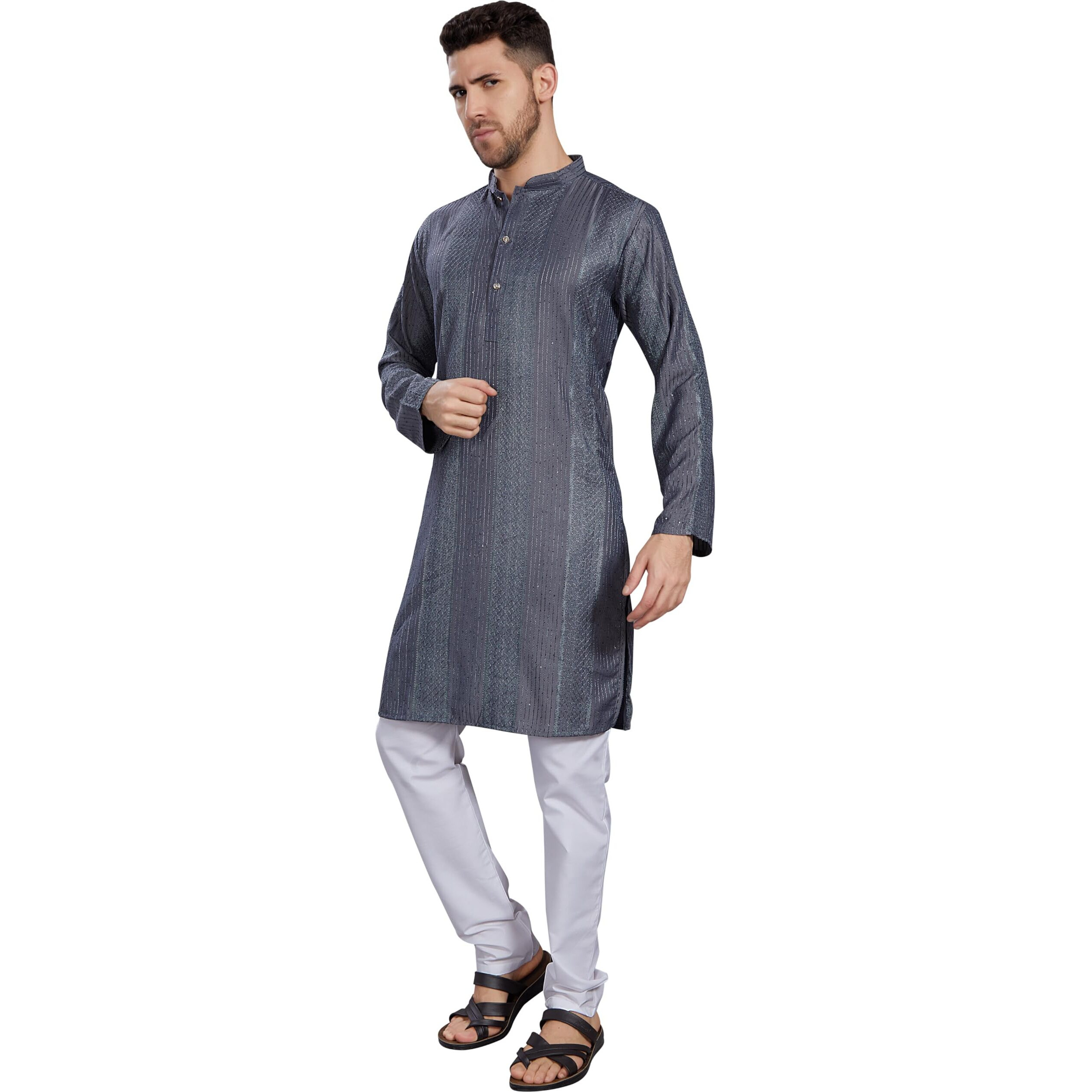 Divisive Men's Thread Embroidered Cotton Blend Only Slim Fit Kurta (Dkrt777_Xl_Grey)