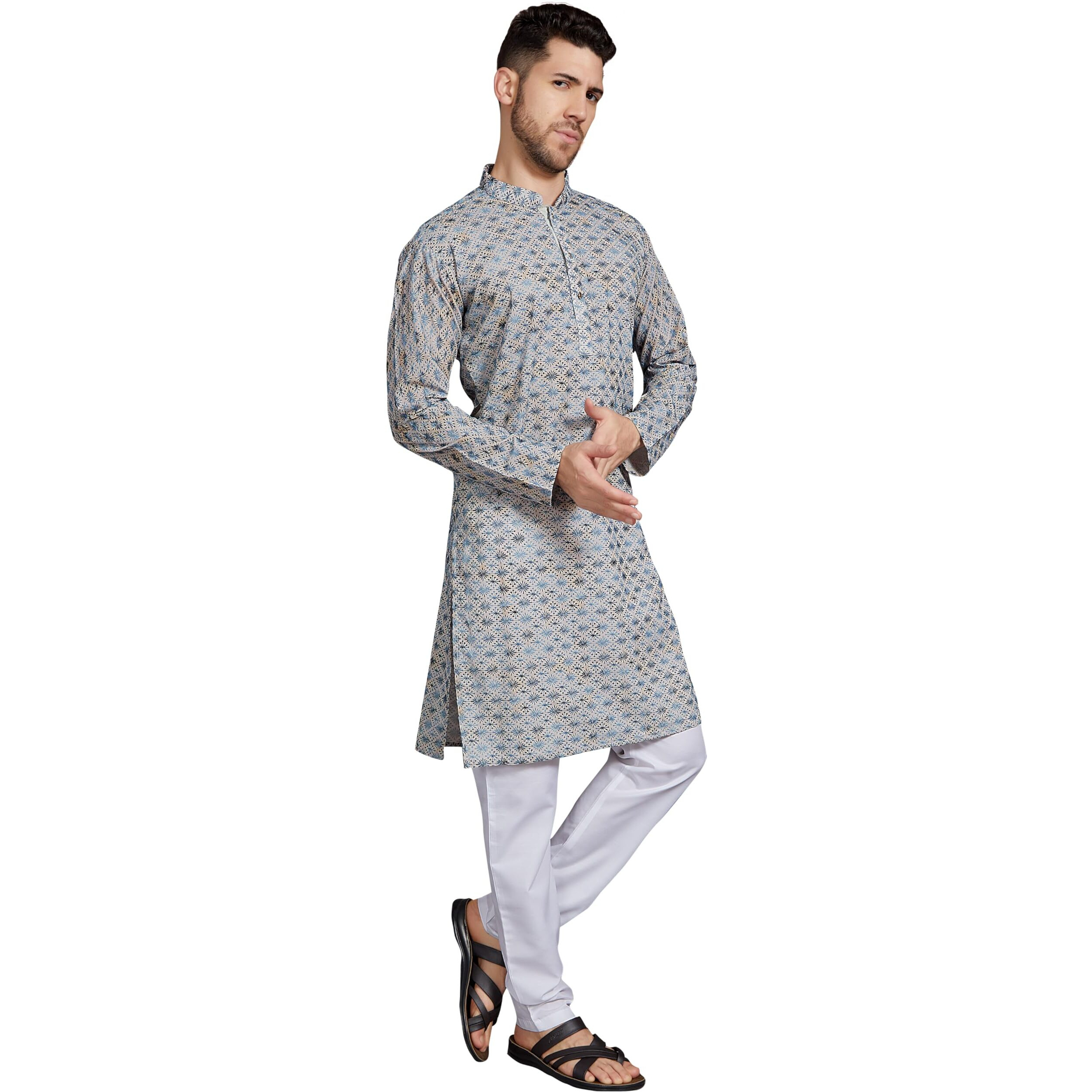 Divisive Men's Thread Embroidered Cotton Blend Only Slim Fit Kurta (Dkrt805_M_Off White - Blue)