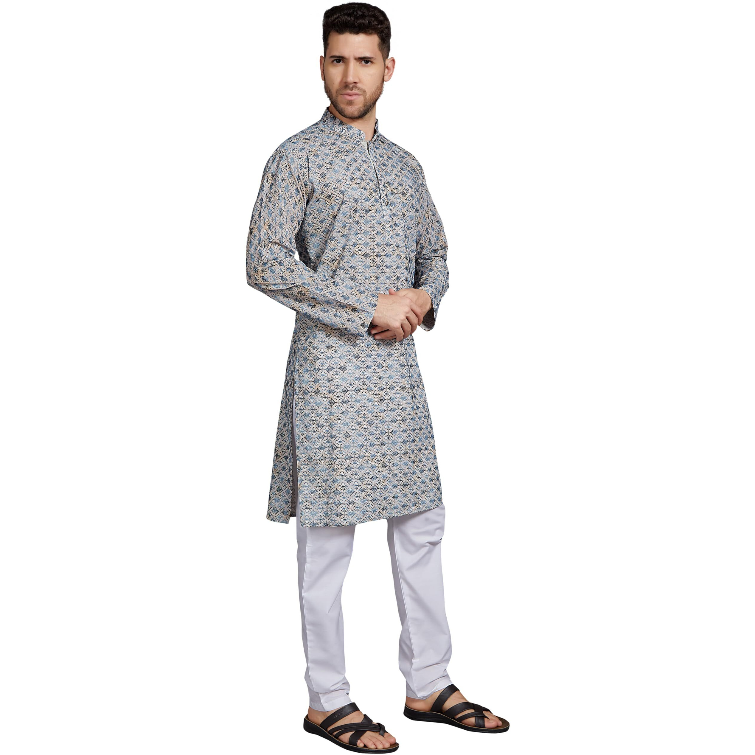 Divisive Men's Thread Embroidered Cotton Blend Only Slim Fit Kurta (Dkrt805_M_Off White - Blue)