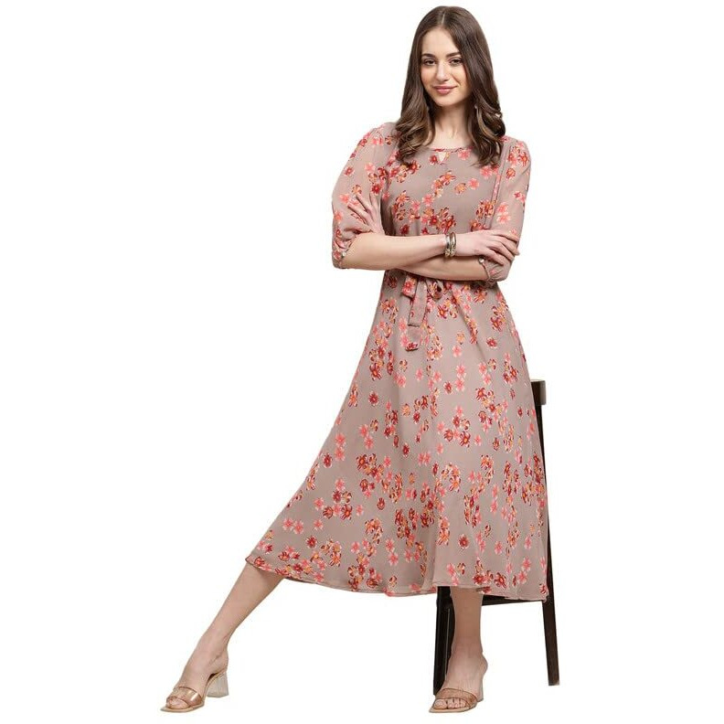 Preneum Women's Georgette A-Line Standard Length Dress (Pr-Maxi-N-01_Brown_Xl)