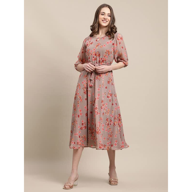 Preneum Women's Georgette A-Line Standard Length Dress (Pr-Maxi-N-01_Brown_Xl)