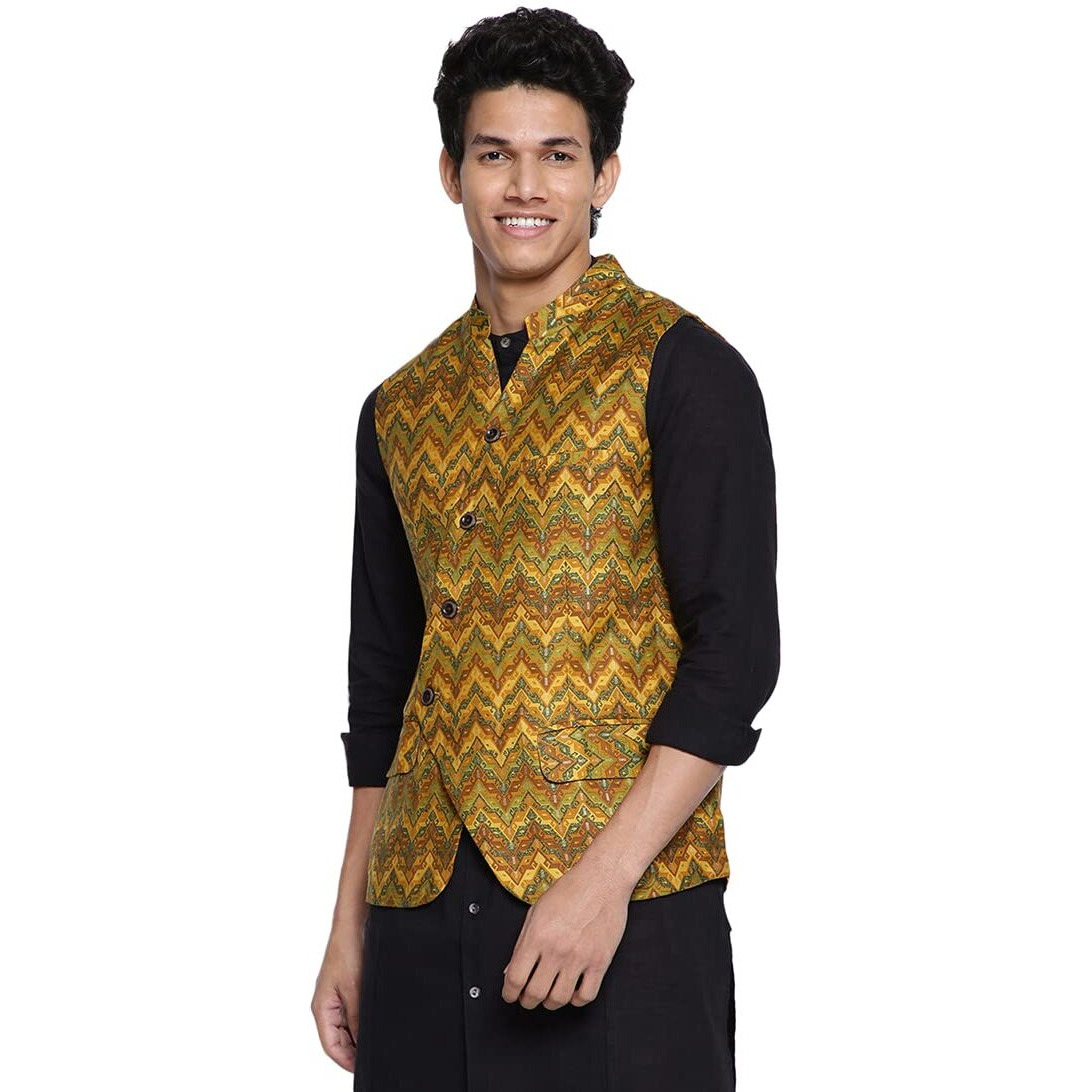 Fabindia Men's Yellow Viscose Silk Slim Fit Printed Nehru Jacket (102589001_Mango