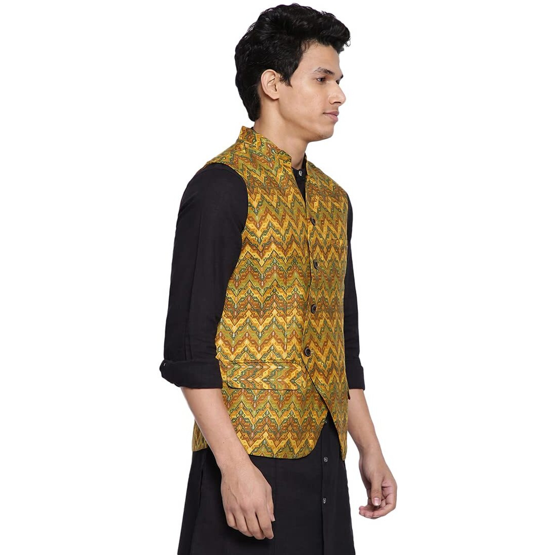 Fabindia Men's Yellow Viscose Silk Slim Fit Printed Nehru Jacket (102589001_Mango