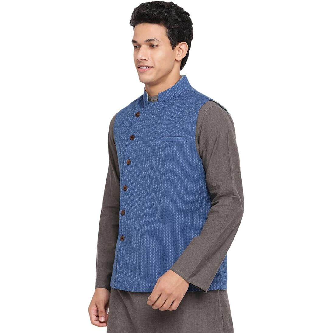 Fabindia Men's Blue Cotton Woven Nehru Jacket (102407801