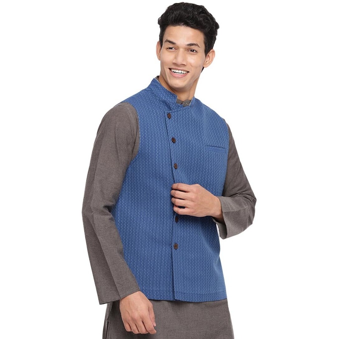 Fabindia Men's Blue Cotton Woven Nehru Jacket (102407801