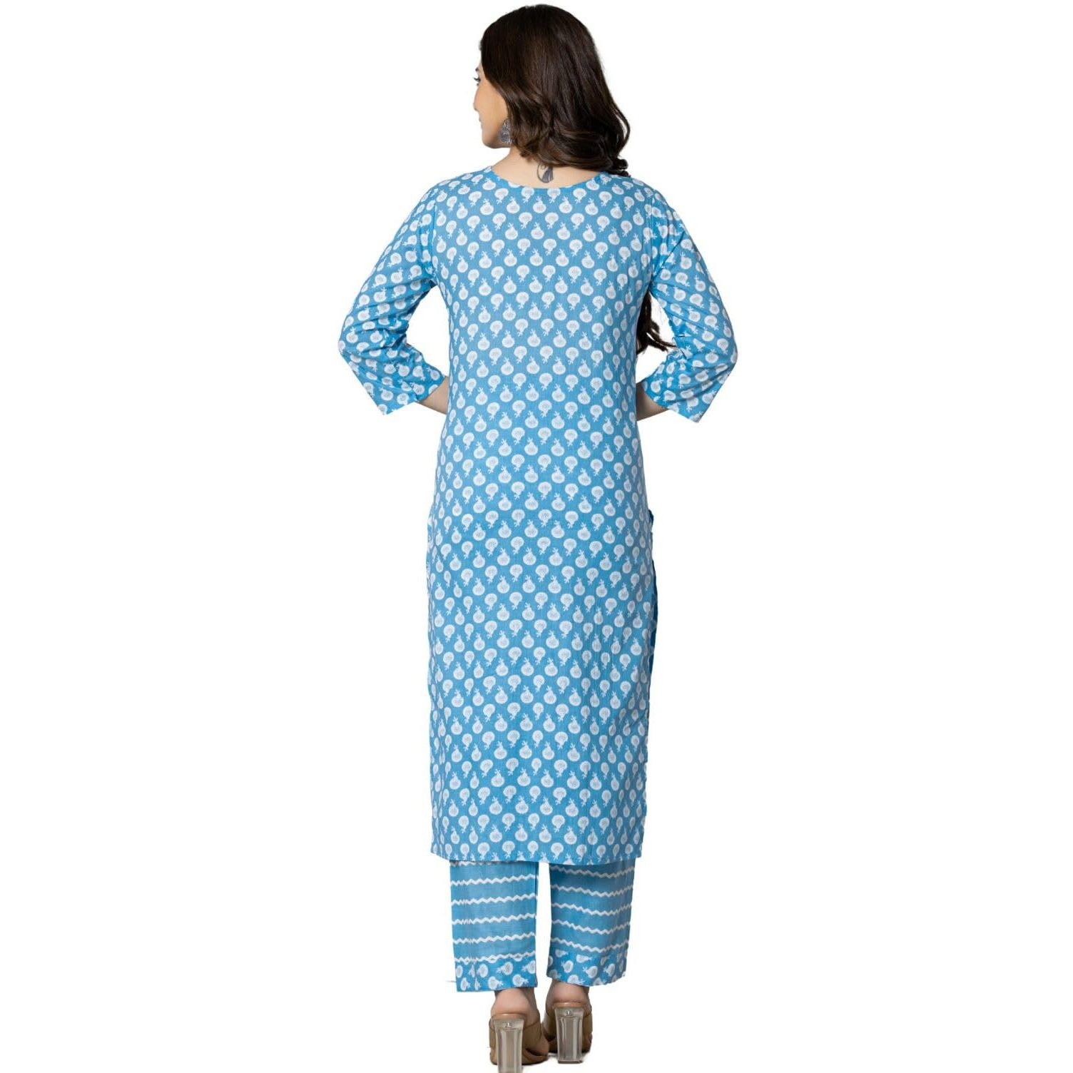 Rytras Women's Pure Cotton Printed Straight Kurta Set With Palazzo Pants & Dupatta- Ethnic Wear, Blue(Ryt586-New,L)