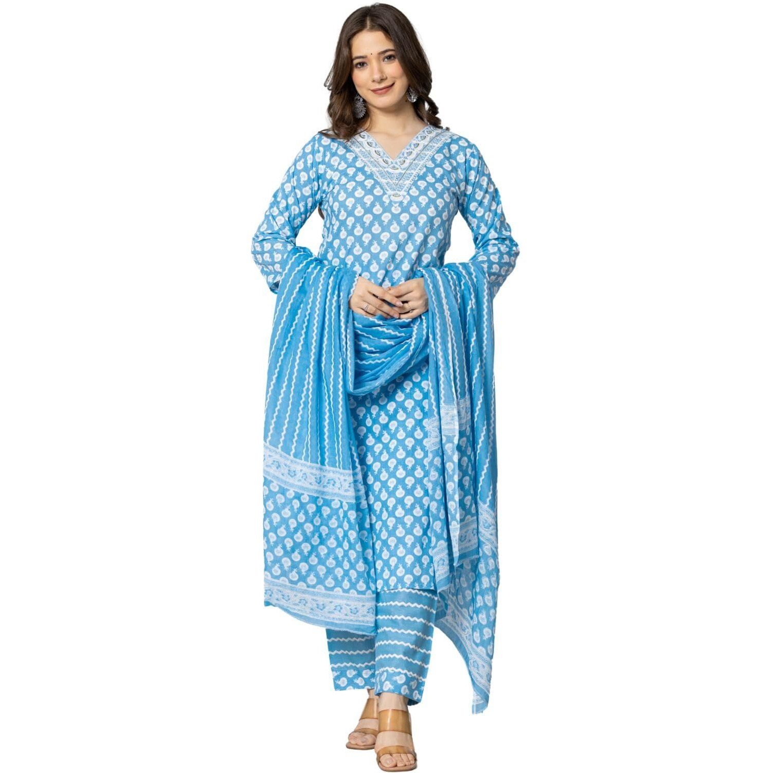 Rytras Women's Pure Cotton Printed Straight Kurta Set With Palazzo Pants & Dupatta- Ethnic Wear, Blue(Ryt586-New,L)