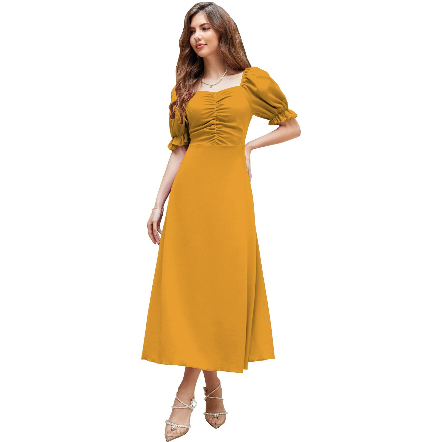 Shasmi Girl's & Women's Solid Mustard A-Line Ruched Puff Sleeve Maxi Long Evening One Piece Long Dress For Women Stylish (Dress 131 Mustard-M)