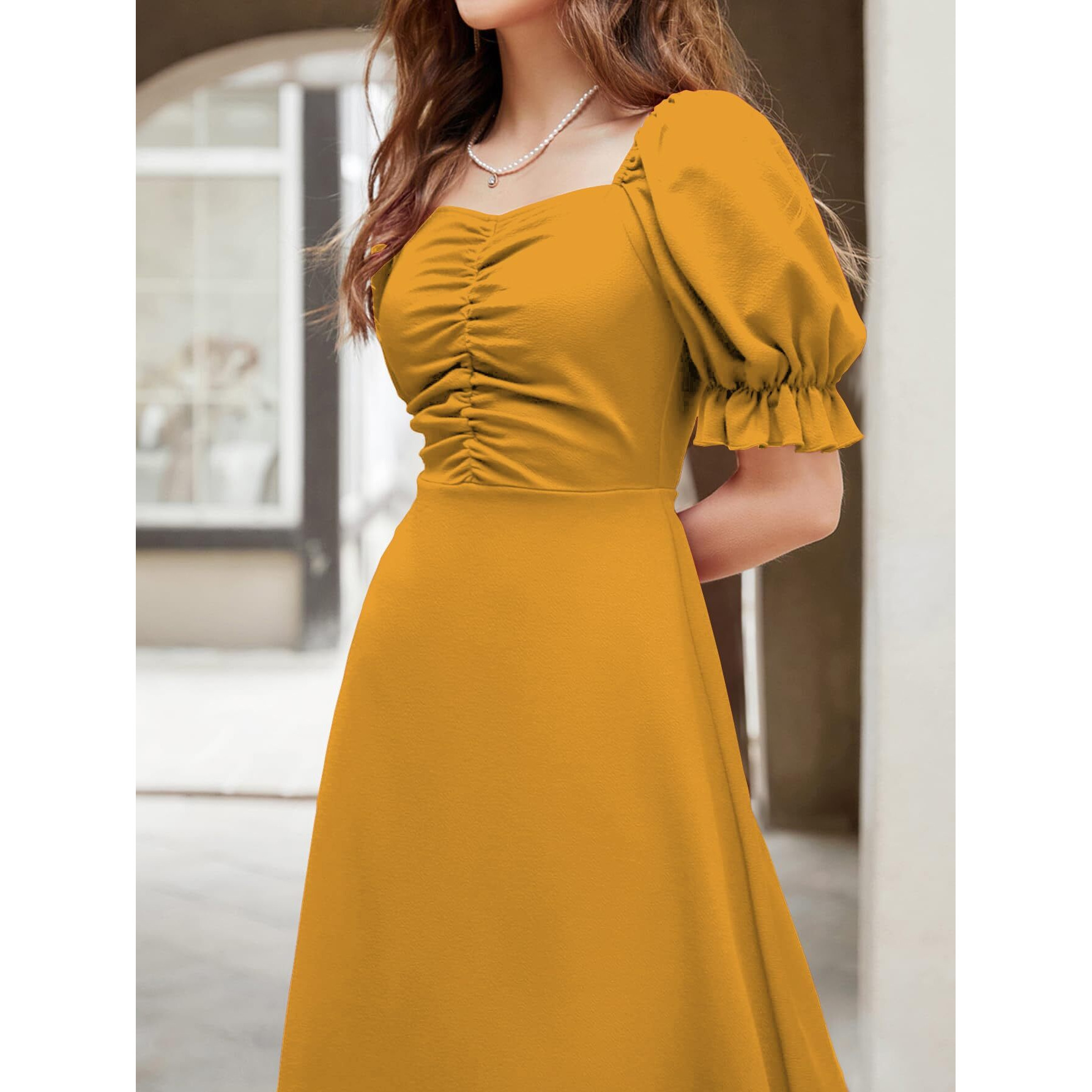 Shasmi Girl's & Women's Solid Mustard A-Line Ruched Puff Sleeve Maxi Long Evening One Piece Long Dress For Women Stylish (Dress 131 Mustard-M)