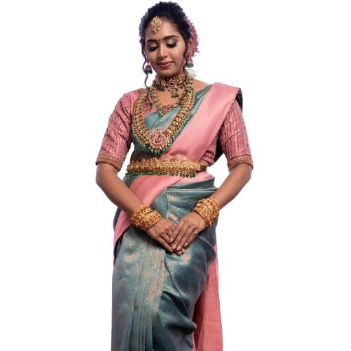 Flosive Women's Teal Blue Kanjivaram Silk Saree With Weaving Work With Blouse