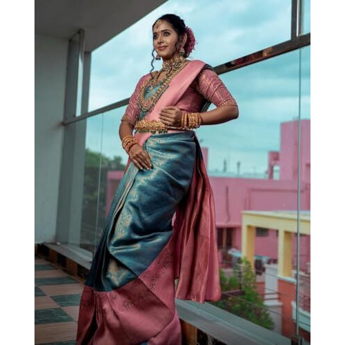 Flosive Women's Teal Blue Kanjivaram Silk Saree With Weaving Work With Blouse