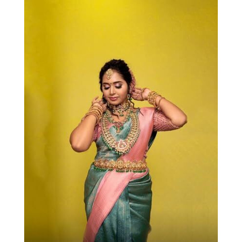 Flosive Women's Teal Blue Kanjivaram Silk Saree With Weaving Work With Blouse