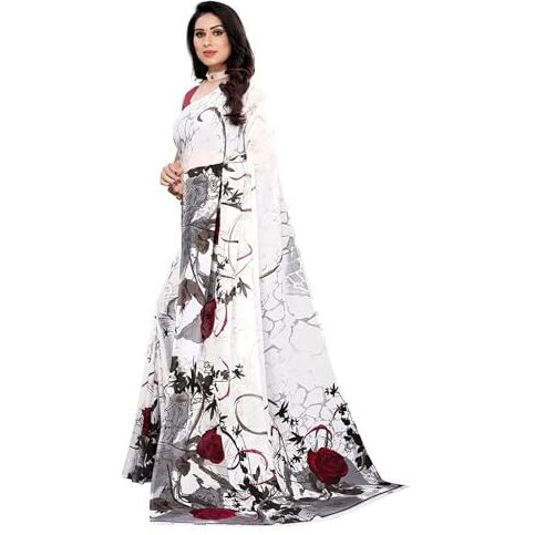 Shiv Textiles Women's Georgette Floral Printed Saree(122S103_White)
