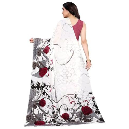Shiv Textiles Women's Georgette Floral Printed Saree(122S103_White)