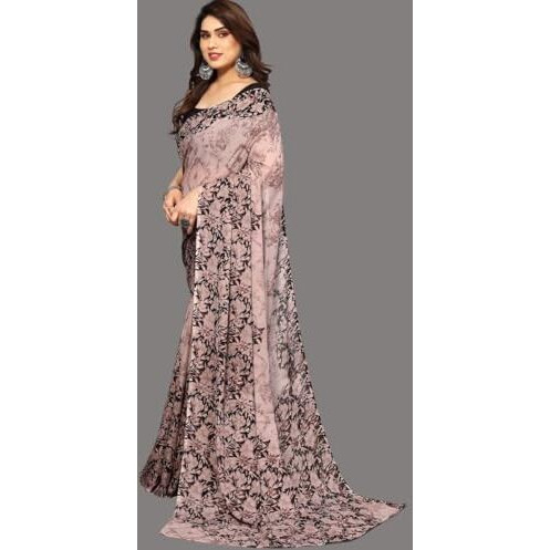Shiv Textiles Women's Georgette Floral Printed Saree(247S112_Brown)