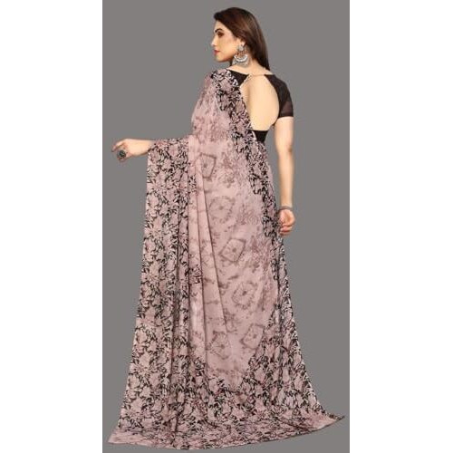 Shiv Textiles Women's Georgette Floral Printed Saree(247S112_Brown)