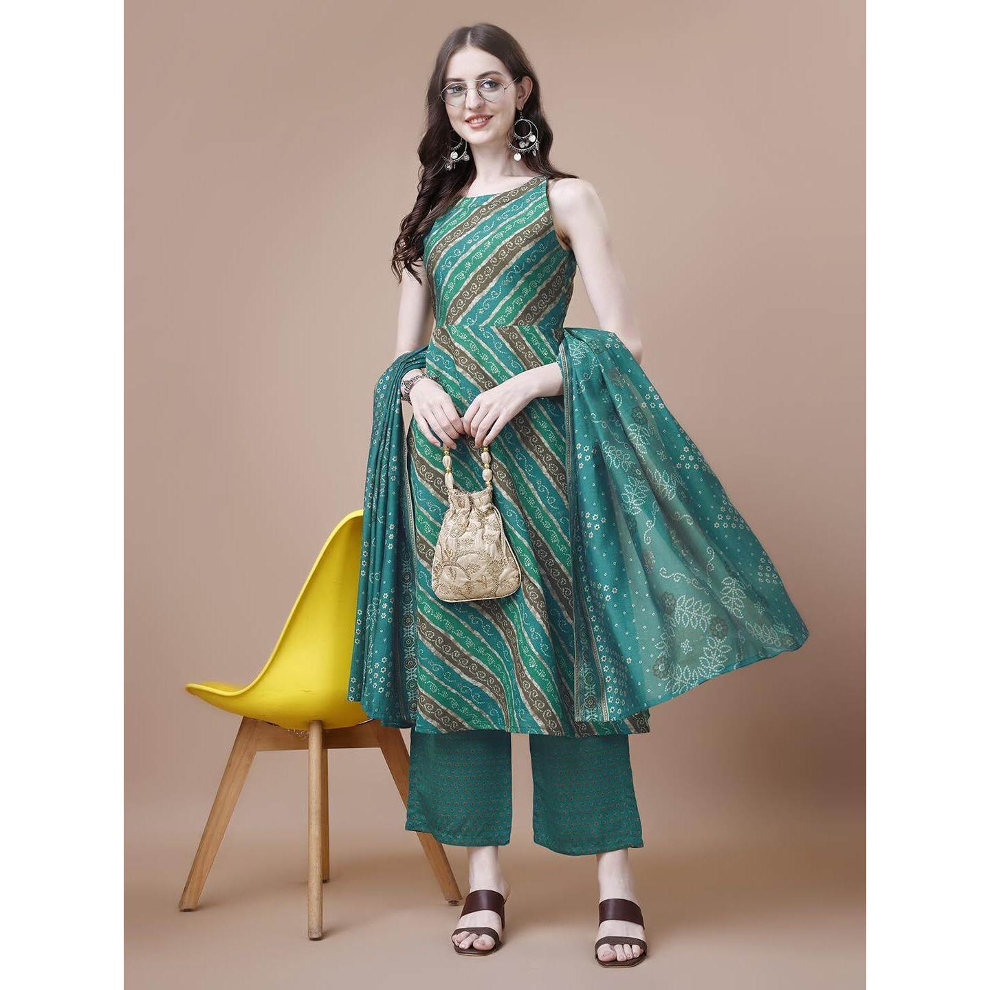 Pratham Blue Kurta Set For Women Cotton Blend Anarkali Printed Kurta Set For Women With Palazzos And Dupatta (Pb-6010-Xxl_Green)