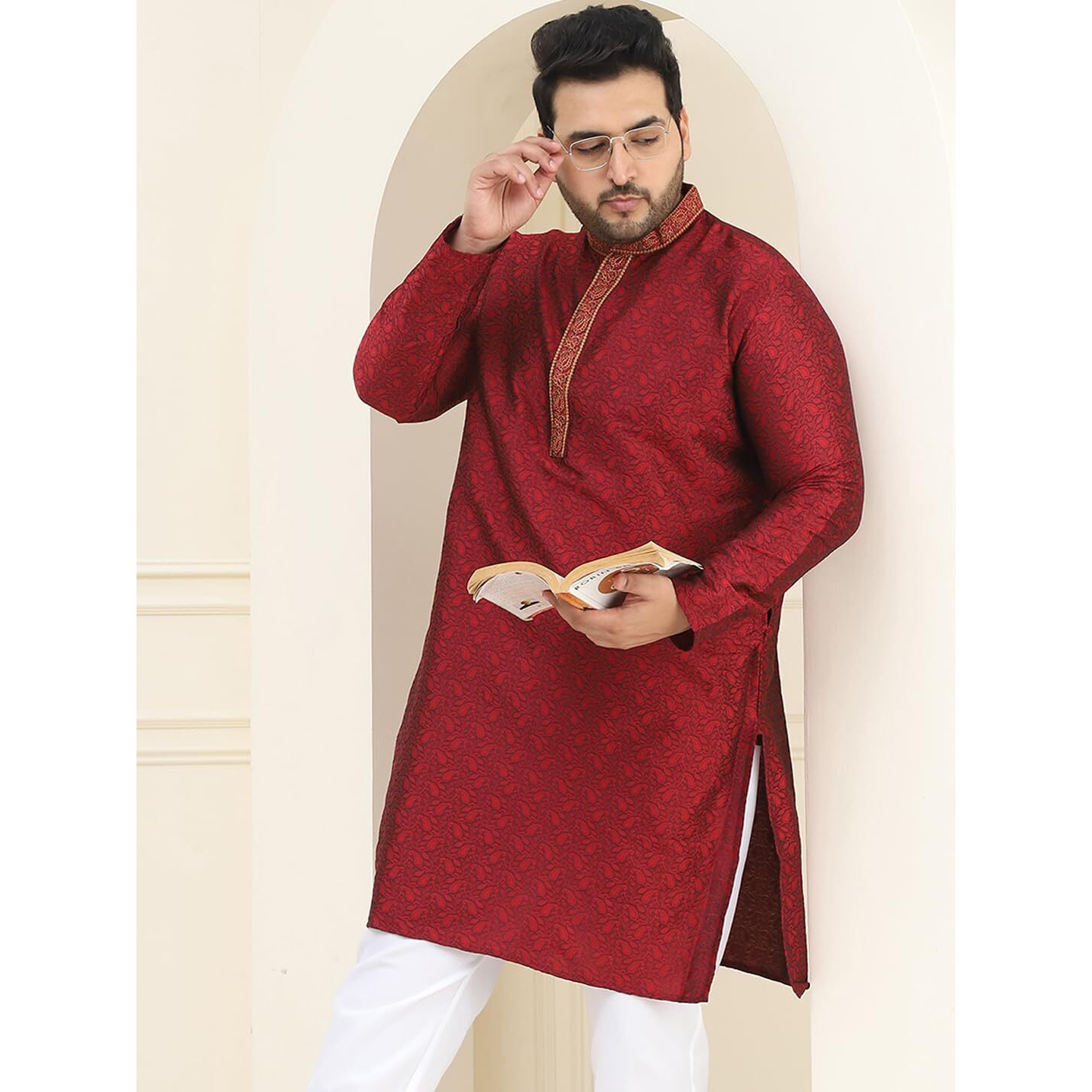 Sojanya Plus (Since 1958) Men's Silk Blend Maroon Self Design Only Kurta