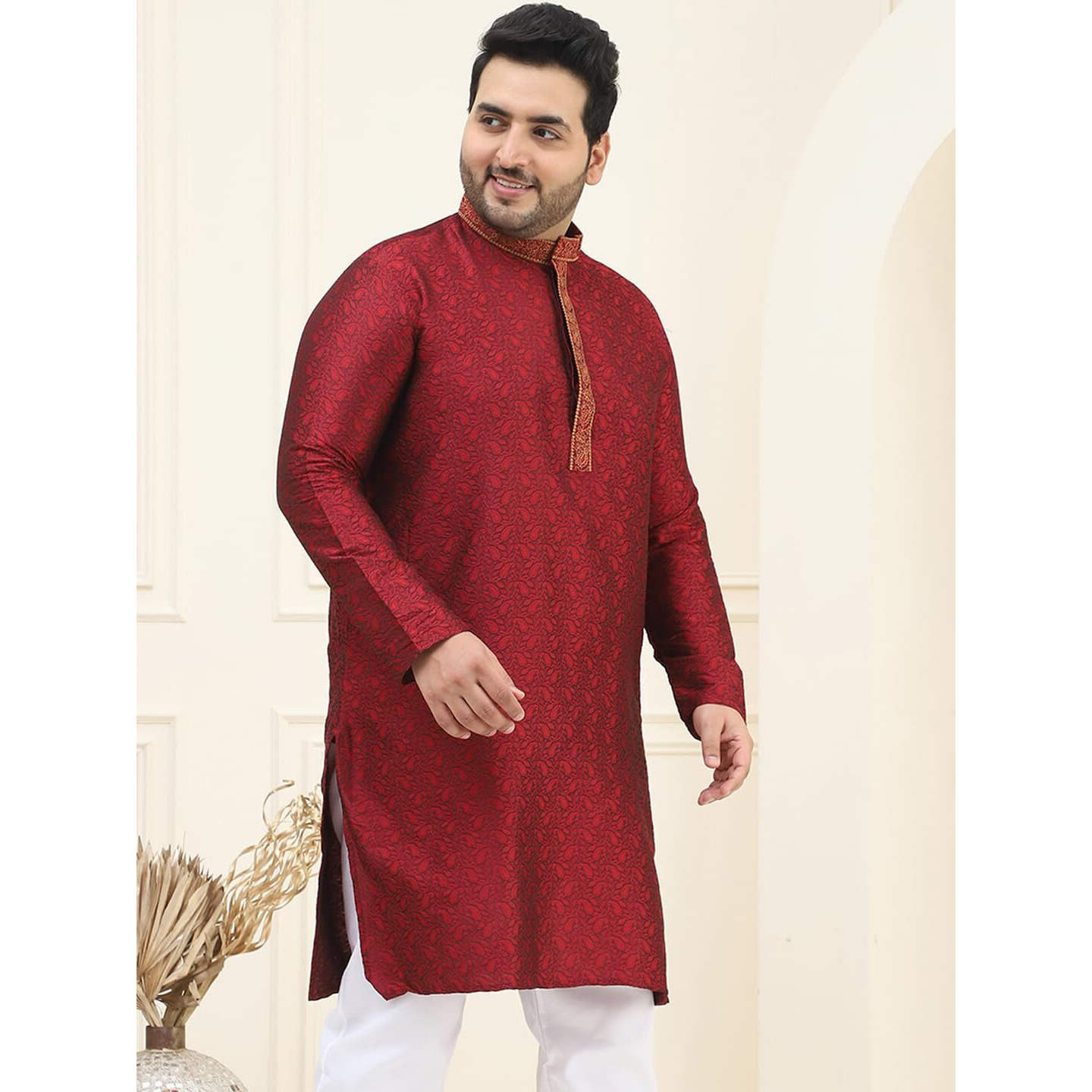 Sojanya Plus (Since 1958) Men's Silk Blend Maroon Self Design Only Kurta