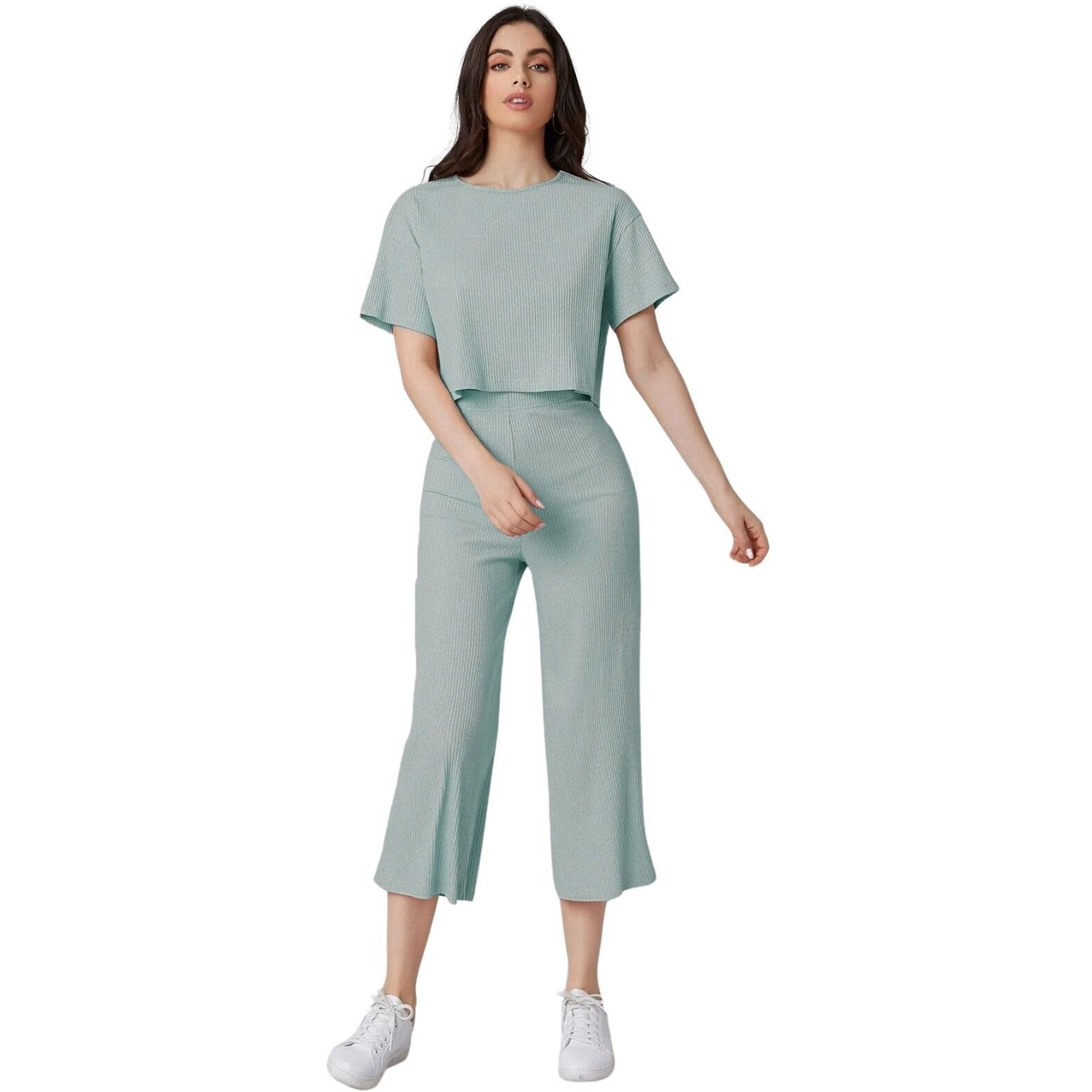 Greciilooks Ribbed A-Line Standard Length Floral Printed Rayon Western Co-Ord Set For Women(Available In 2Xl And 3Xl) (Gl-W1787&Tr846_Turquoise_M)