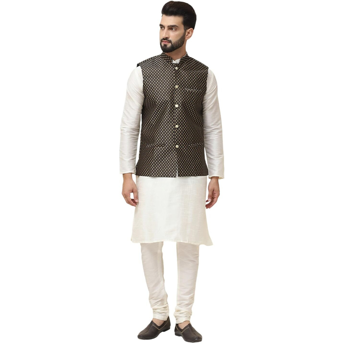 Sojanya (Since 1958 Men's Silk Blend Cream Kurta Pyjama & Black Self Design Nehru Jacket Combo