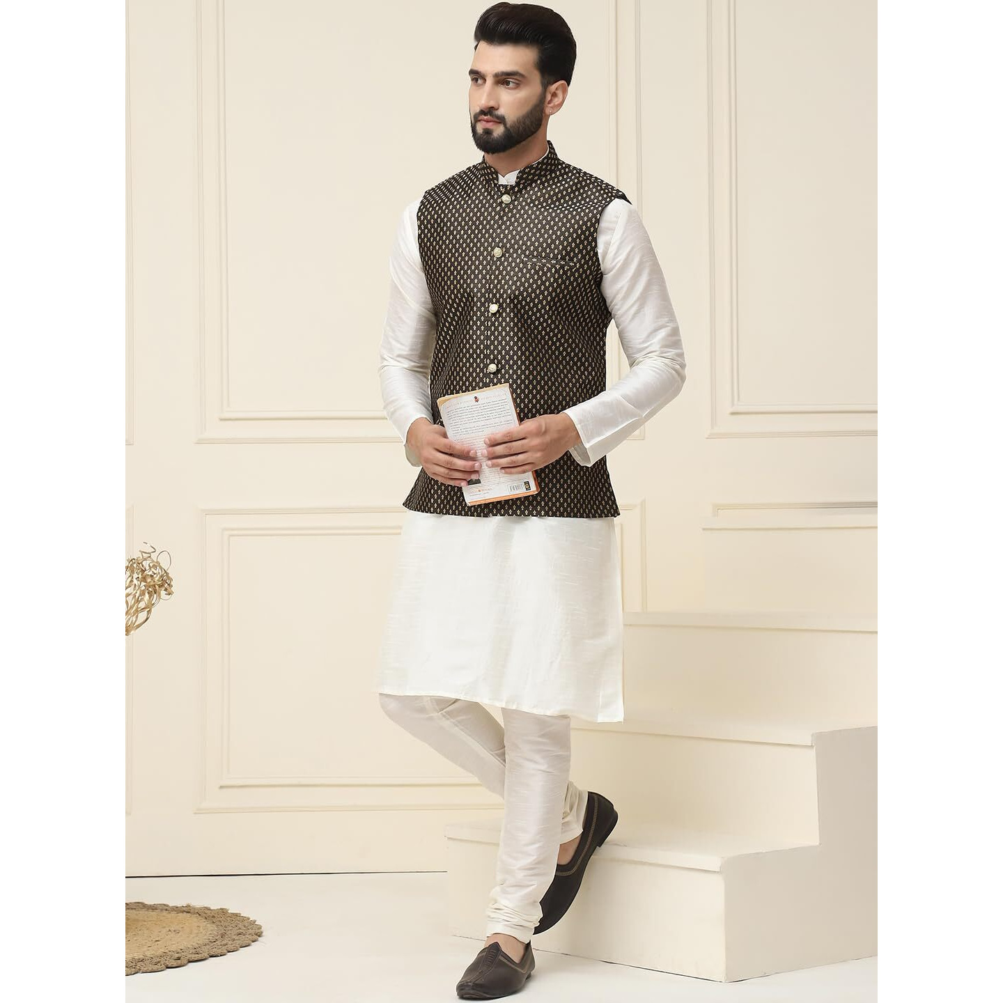 Sojanya (Since 1958 Men's Silk Blend Cream Kurta Pyjama & Black Self Design Nehru Jacket Combo