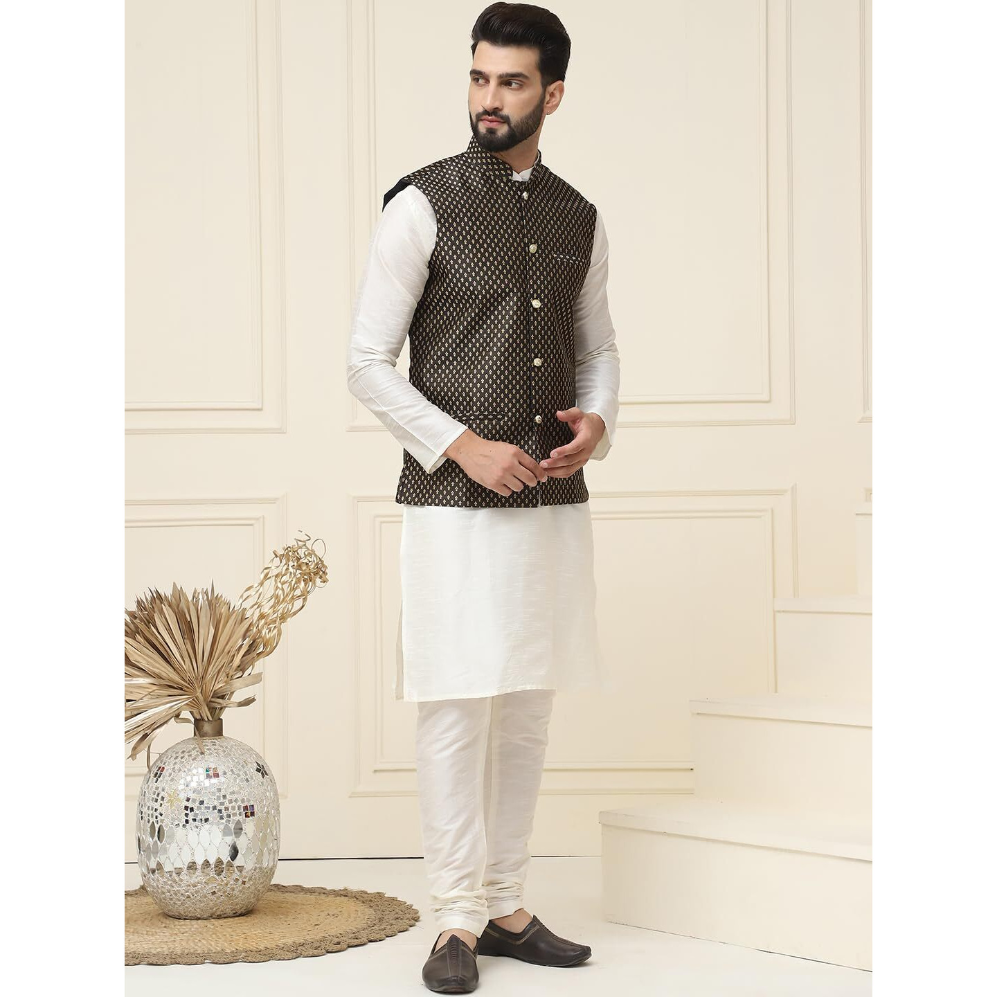Sojanya (Since 1958 Men's Silk Blend Cream Kurta Pyjama & Black Self Design Nehru Jacket Combo