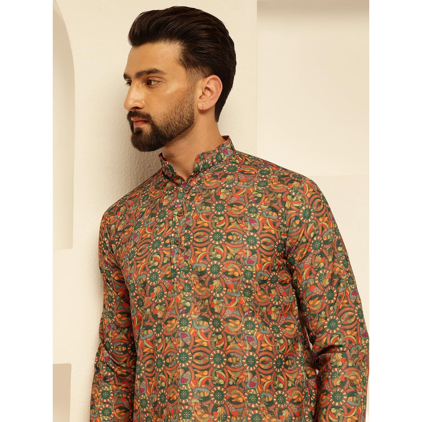 Sojanya (Since 1958 Men's Cotton Linen Kalamkari Printed Multi & Green Only Short Kurta