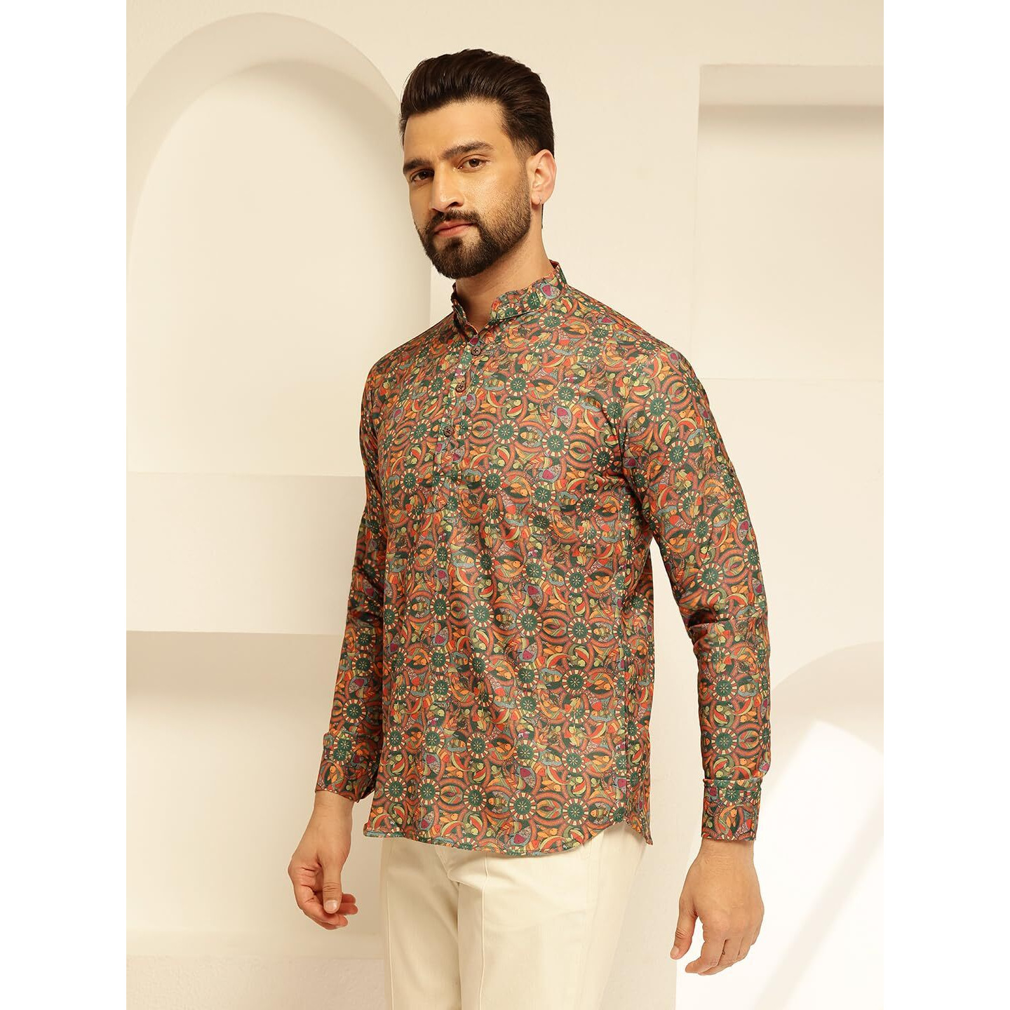Sojanya (Since 1958 Men's Cotton Linen Kalamkari Printed Multi & Green Only Short Kurta