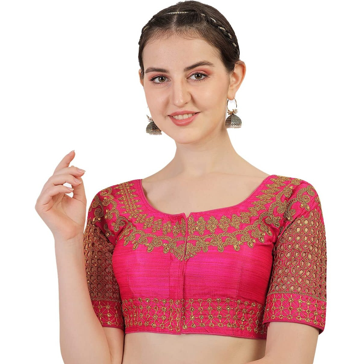 Pujia Mills Women's Phantom Silk Floral Half Sleeve Saree Blouse (Jali Blouse Variation_Pink_38 Size+Margin)