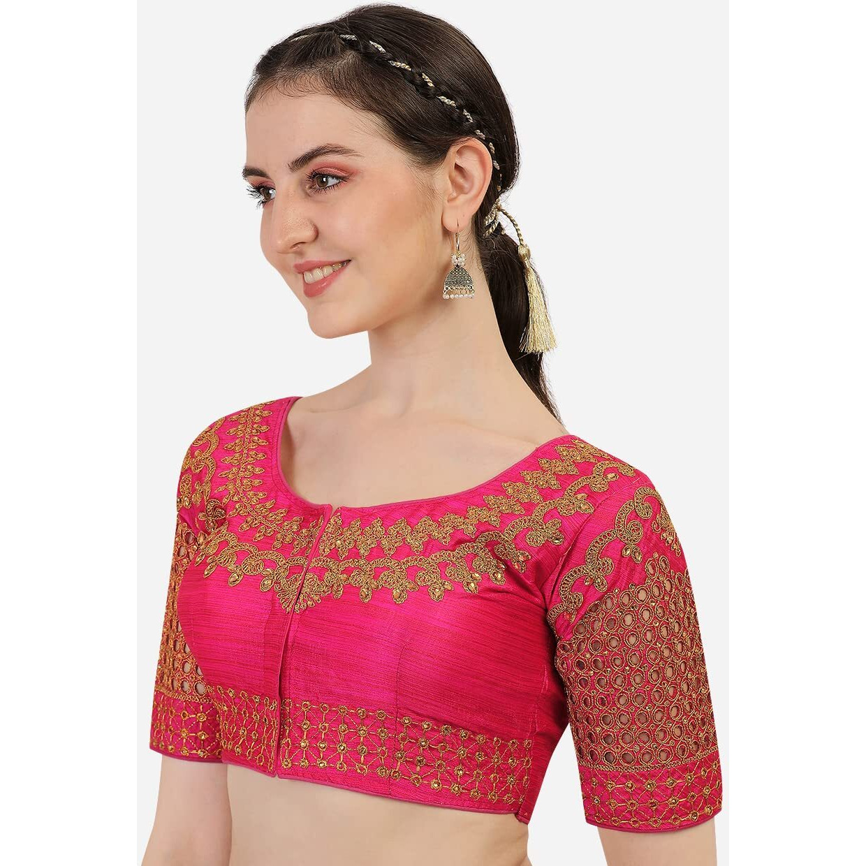 Pujia Mills Women's Phantom Silk Floral Half Sleeve Saree Blouse (Jali Blouse Variation_Pink_38 Size+Margin)