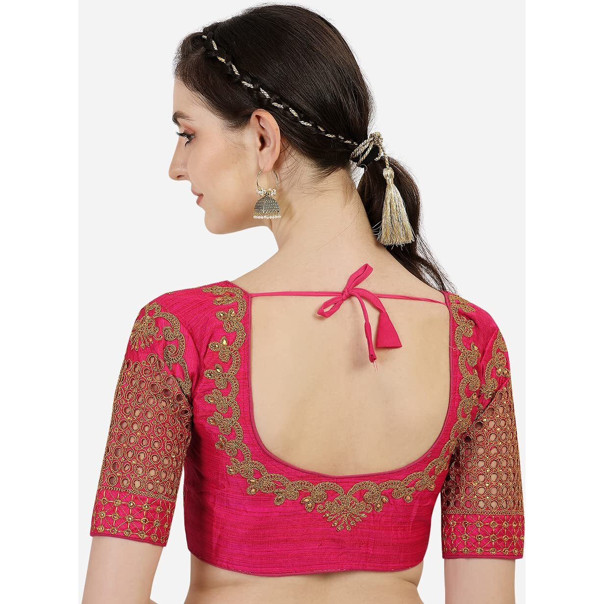 Pujia Mills Women's Phantom Silk Floral Half Sleeve Saree Blouse (Jali Blouse Variation_Pink_38 Size+Margin)