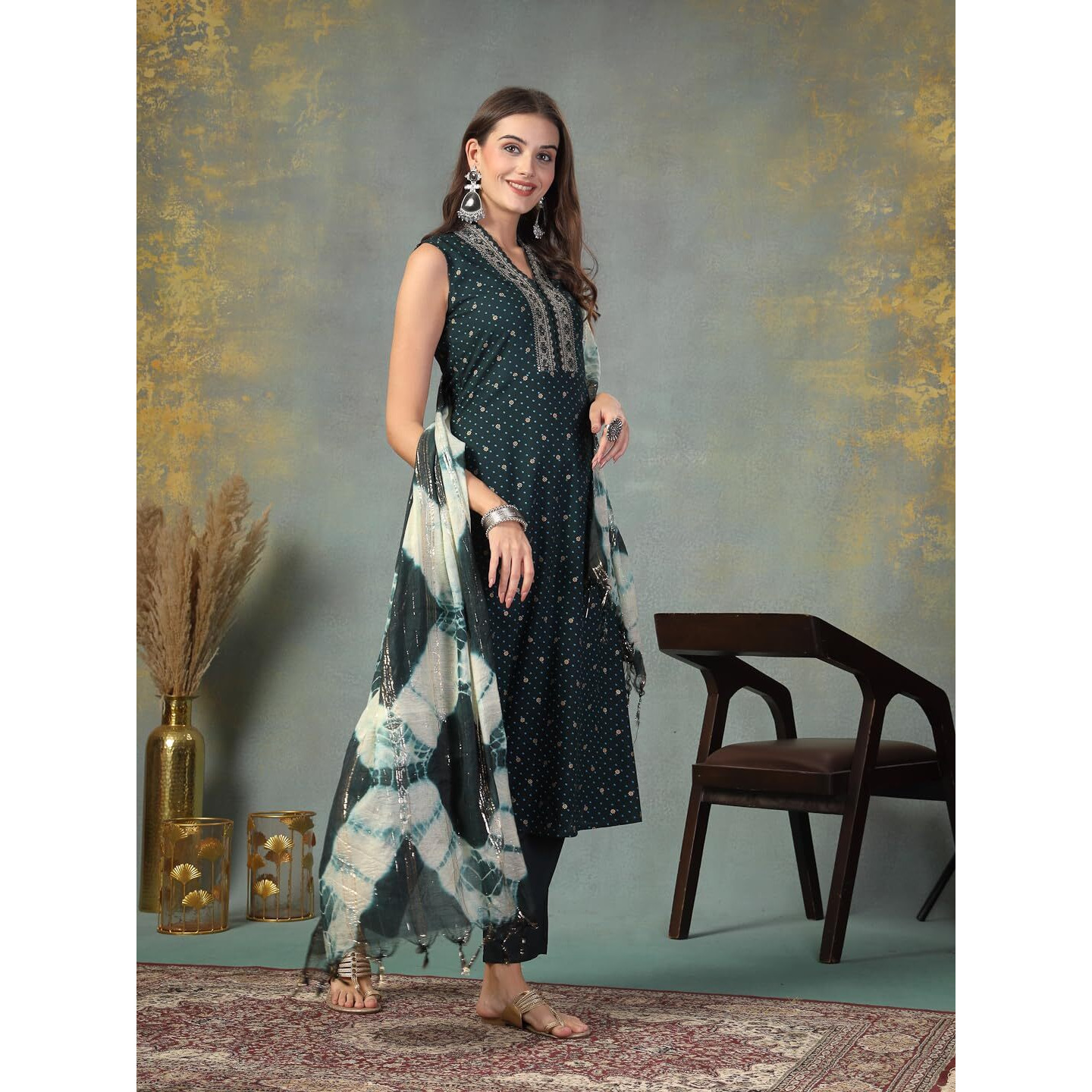 Stylum Women's Khari Printed & Embroidered Rayon A-Line Kurta Dupatta Set (Kdtealwilliam44_Teal, Xxl)